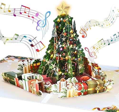 Miniatura 1 de Venhoo Tarjetas de Navidad desplegables con luz y música, diseño de árbol de Navidad, tarjeta de felicitación musical emergente 3D hecha a mano para