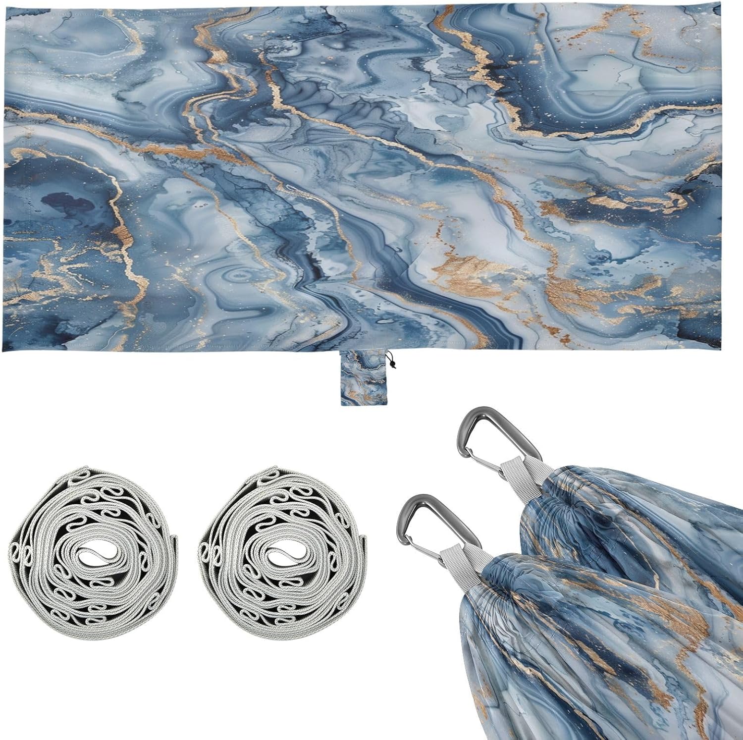 ALAZA Marble Watercolor Blue & Gold Camping Hammocks Single or 2 Person 500 lbs Portable Parachute Travel Hammock w/Tree Straps for Hiking Backpacking Indoor Outdoor