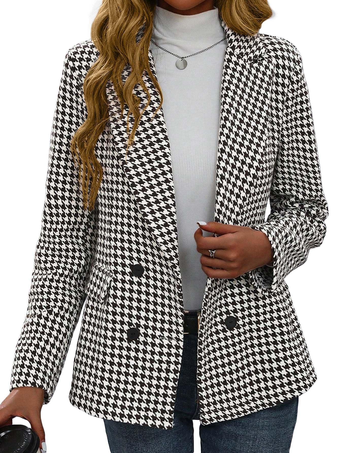 Mina Self 2025 Fall Womens Tweed Houndstooth Blazer Jacket - Plaid Fully-Lined Double-Breasted Casual Work Trendy Pocket
