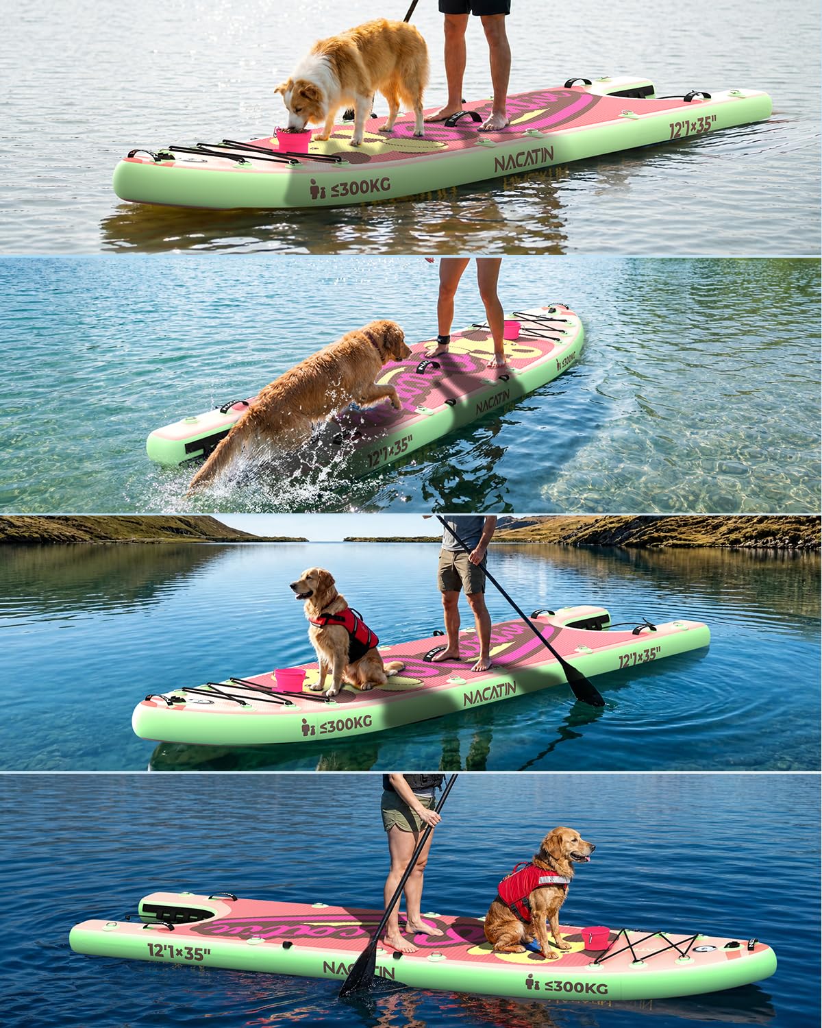 NACATIN 366cm (12ft) aufblasbares SUP Board mit Hunderampe, breites 91cm (36in) Stand Up Paddling Board mit rutschfestem Deck für Hunde & Familie, mit Einzel-/Doppelpaddel, Pumpe, Rucksack