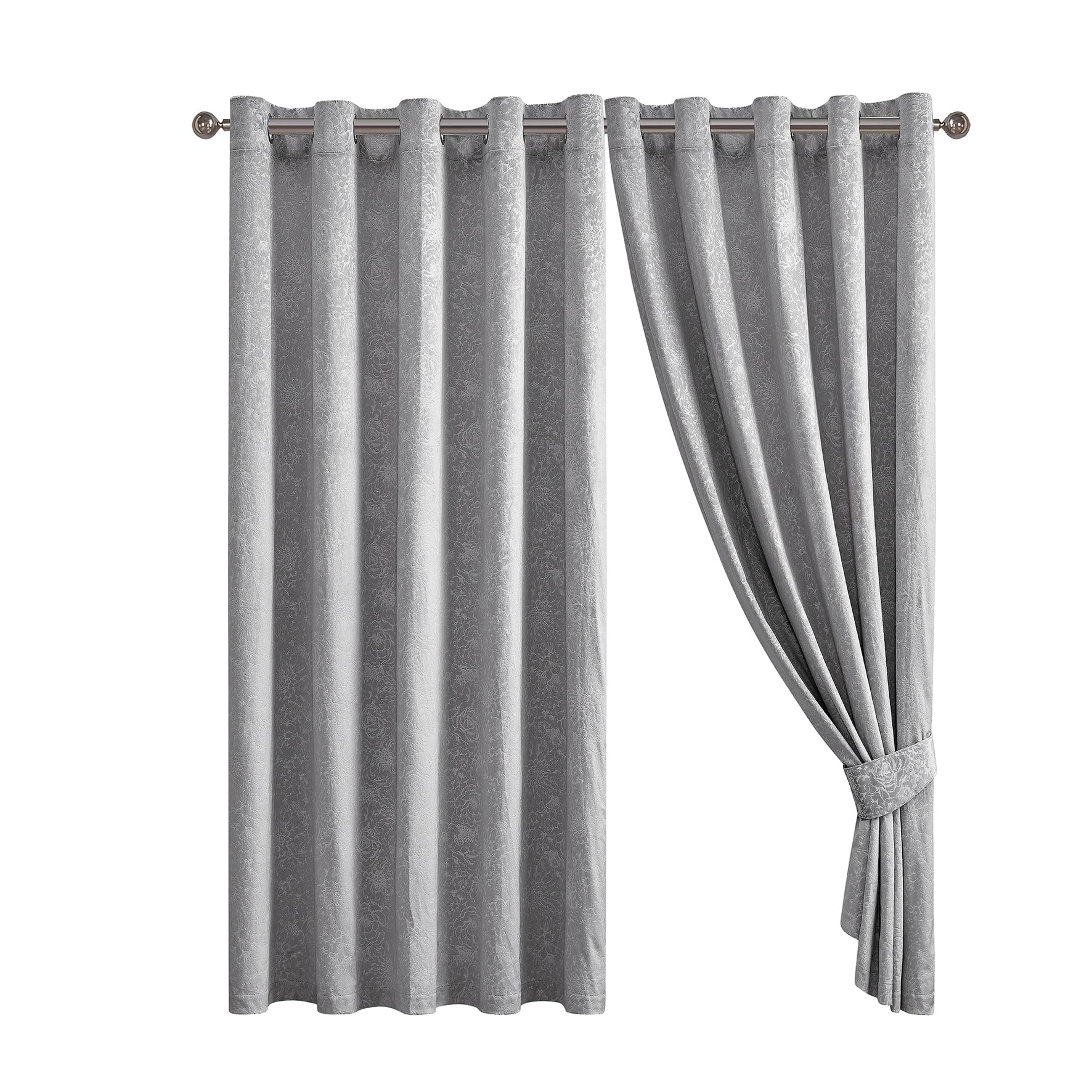 Floral Jacquard Velvet Curtain Pair - Heavyweight and Noise Reducing - Room Darkening Eyelet - Fully Lined for Thermal Insulation - Includes Two Tiebacks (Silver, 66" x 72" (168 x 183 cm))