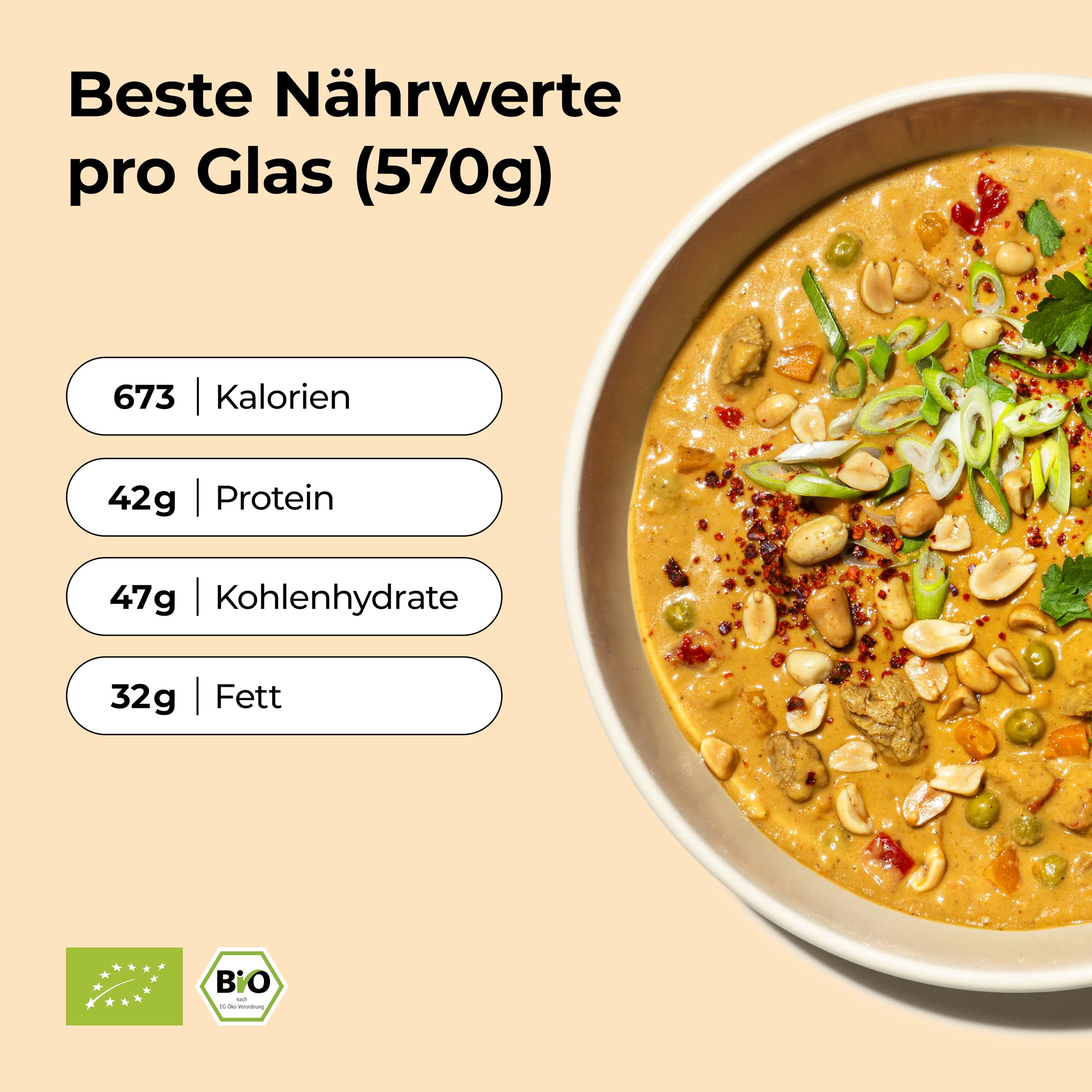 Löwenanteil - 100% Bio-ERDNUSS CURRY - 570g Glas - Proteinreiches Bio-Fertiggericht mit veganen Hühnchen & cremiger Erdnussbutter - Eintopf ohne Zuckerzusatz & Glutenfrei