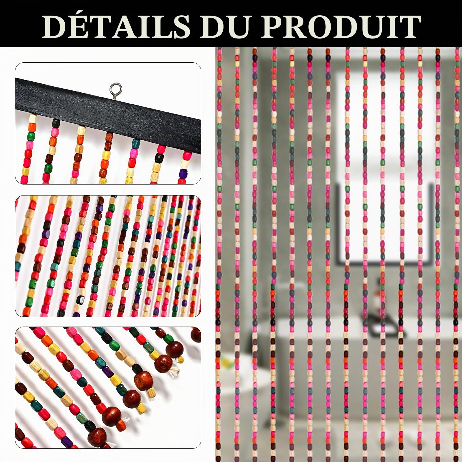 Rideau de perles pour porte de balcon, 90 x 195 cm, moustiquaire à 41 brins, bamboo door curtain, bohème style window, entrance, bathroom