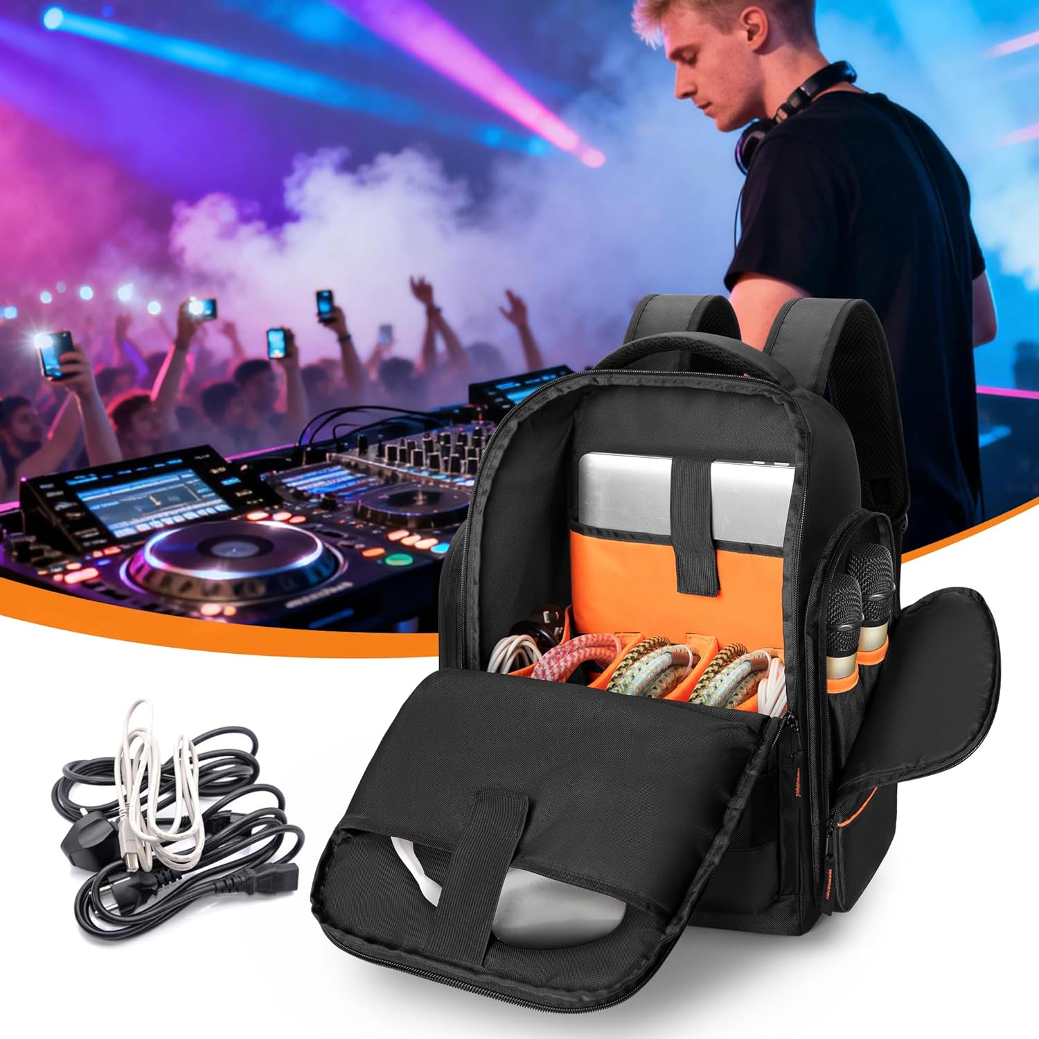 Trunab DJ Cable Backpack with 3 Detachable Dividers and Laptop Compartment, DJ Cable Bag for Microphones, Sound Equipment and Music Instrument
