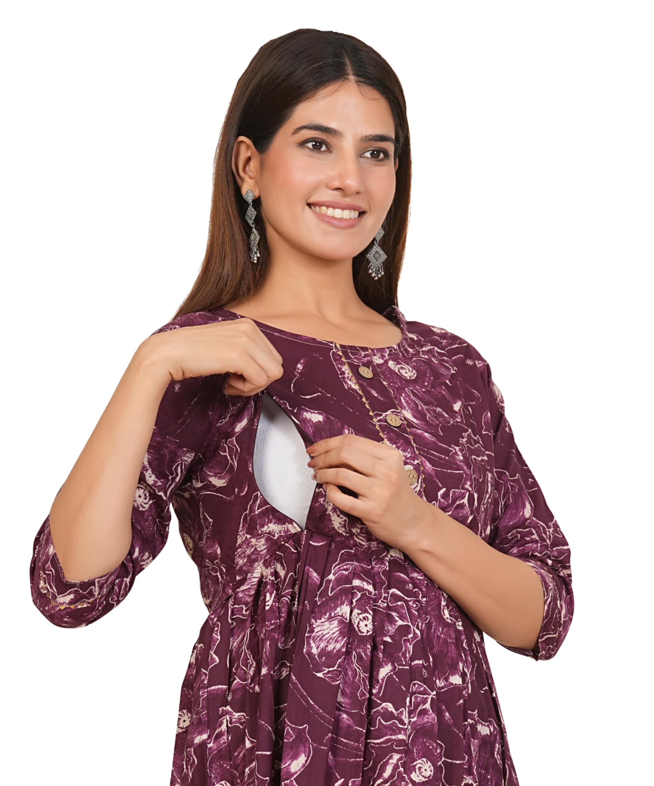 Women's Cotton Anarkali Maternity Dress, Pregnancy Dress,Feeding Kurti,Easy Brest Feeding Dress, with Both Side Zipper and Belt-image-29