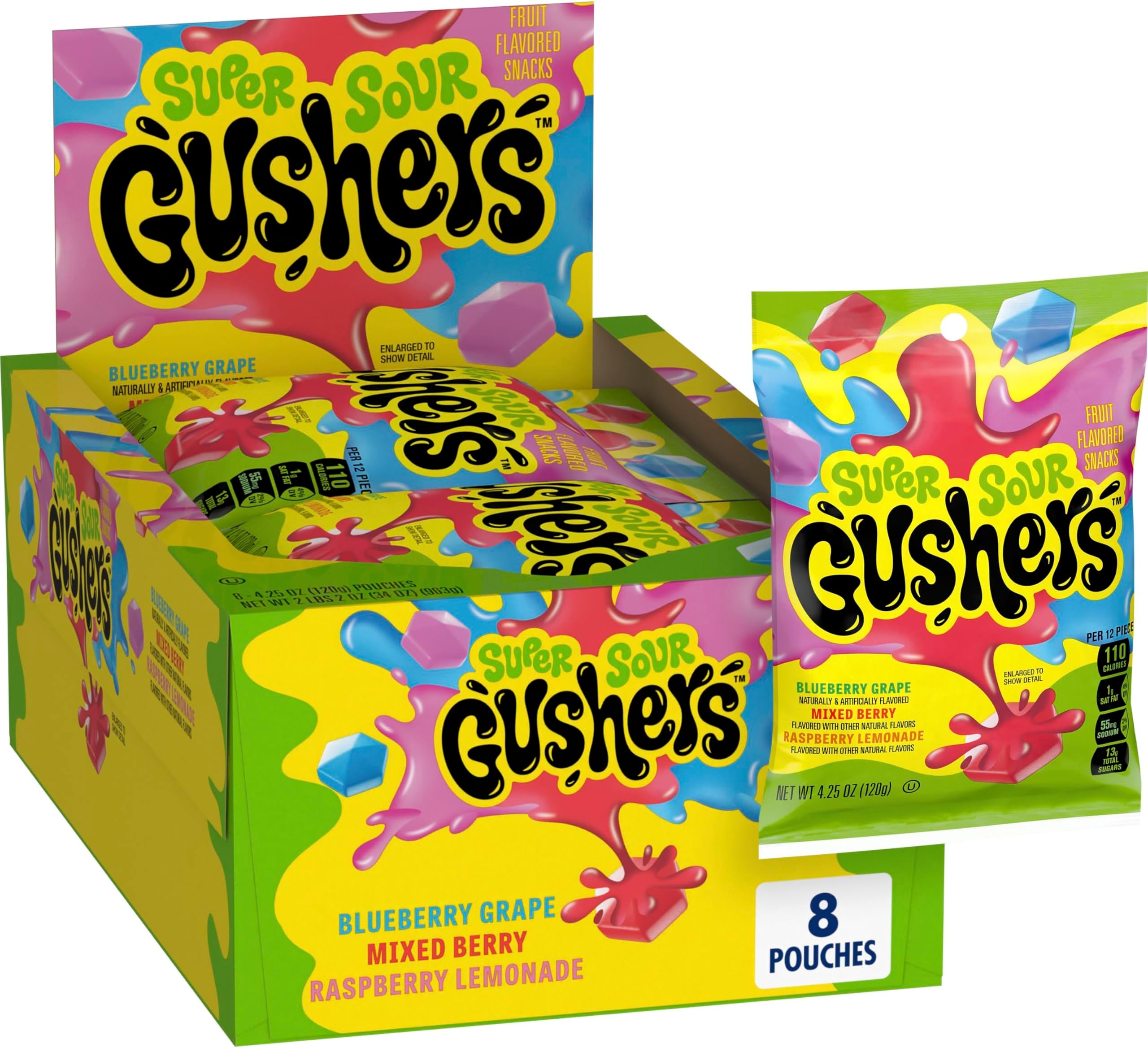 Fruit Flavored Snacks, Super Sour Berry Flavor, 8 Pouches, 34 oz