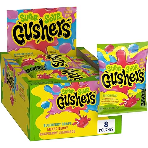 Gushers Bocadillos con sabor a frutas, sabor a bayas súper ácidas, 8 bolsas, 34 onzas