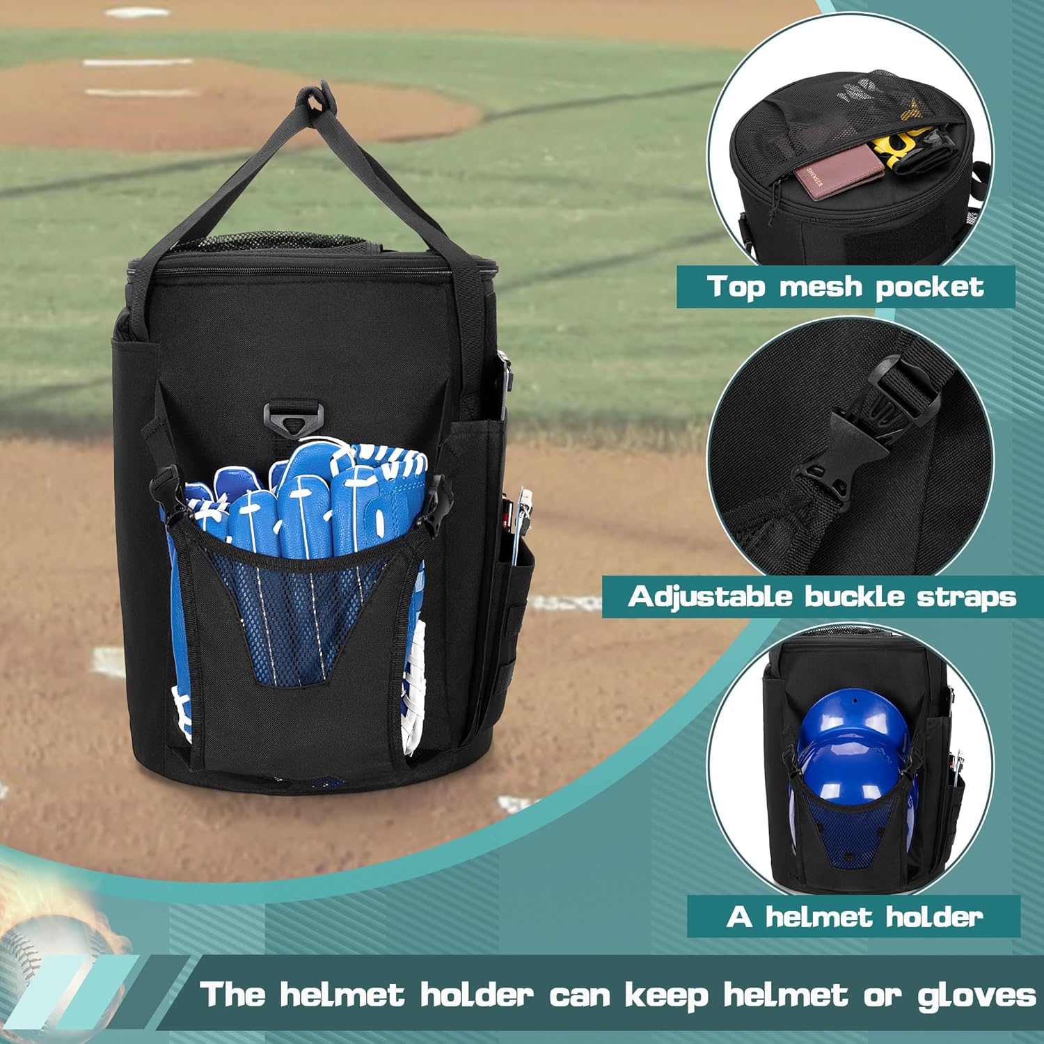 Baseball Coaches Bag Fits 6 Gallon Ball Bucket, Baseball Bucket Bag with Backpack and Shoulder Straps