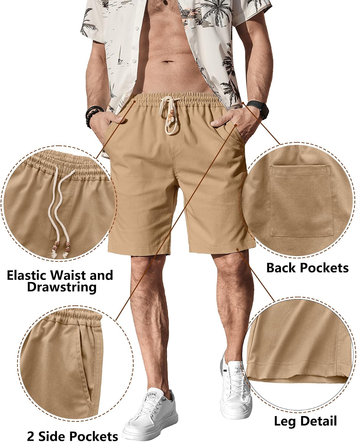 Comdecevis Men's Linen Shorts Casual Elastic Waist Drawstring Summer Beach Vacation Yoga Golf Shorts with Pockets thumbnail