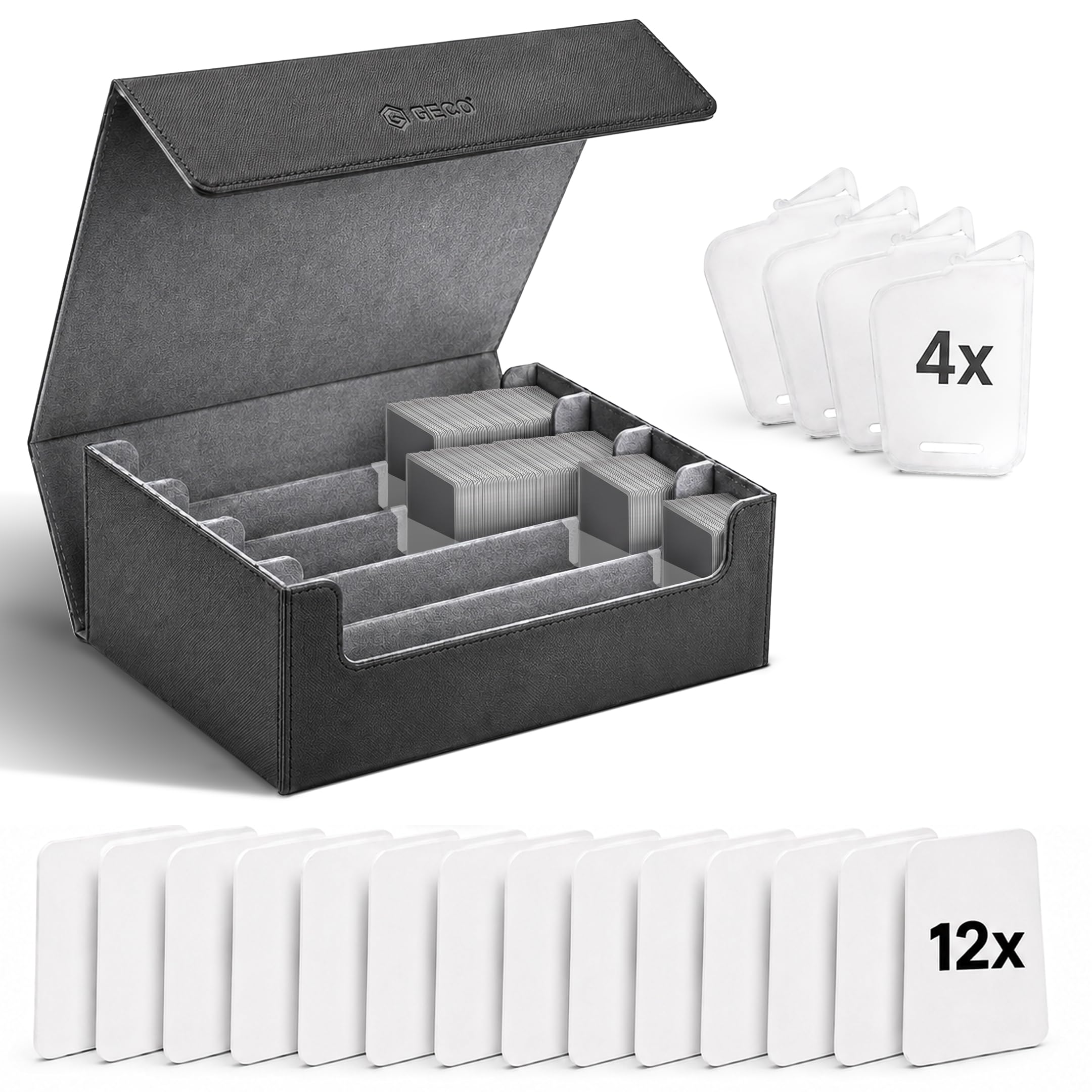 GECO® Pudełko na 2400+ kart kolekcjonerskich – Czarne | Magnetyczny deck box z 12 przegródkami i 4 blokadami – Pudełko premium na karty i akcesoria
