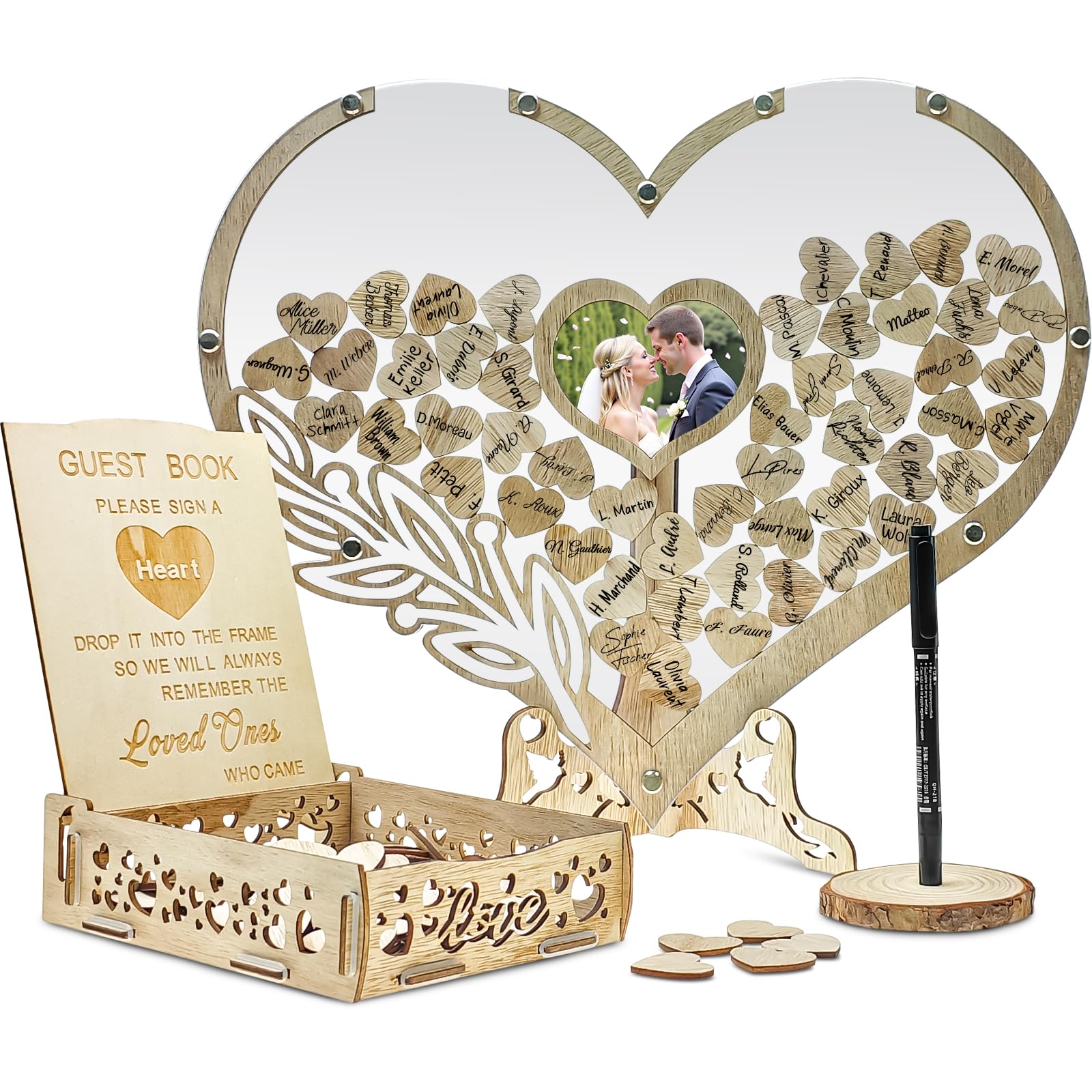 Wedding Guest Book Alternative with 100 Heart-Shaped Wooden Pieces for Wedding Reception, Includes Storage Box and Personalized Photo Frame, Perfect for Weddings, Decoration, Birthday and Baby Showers