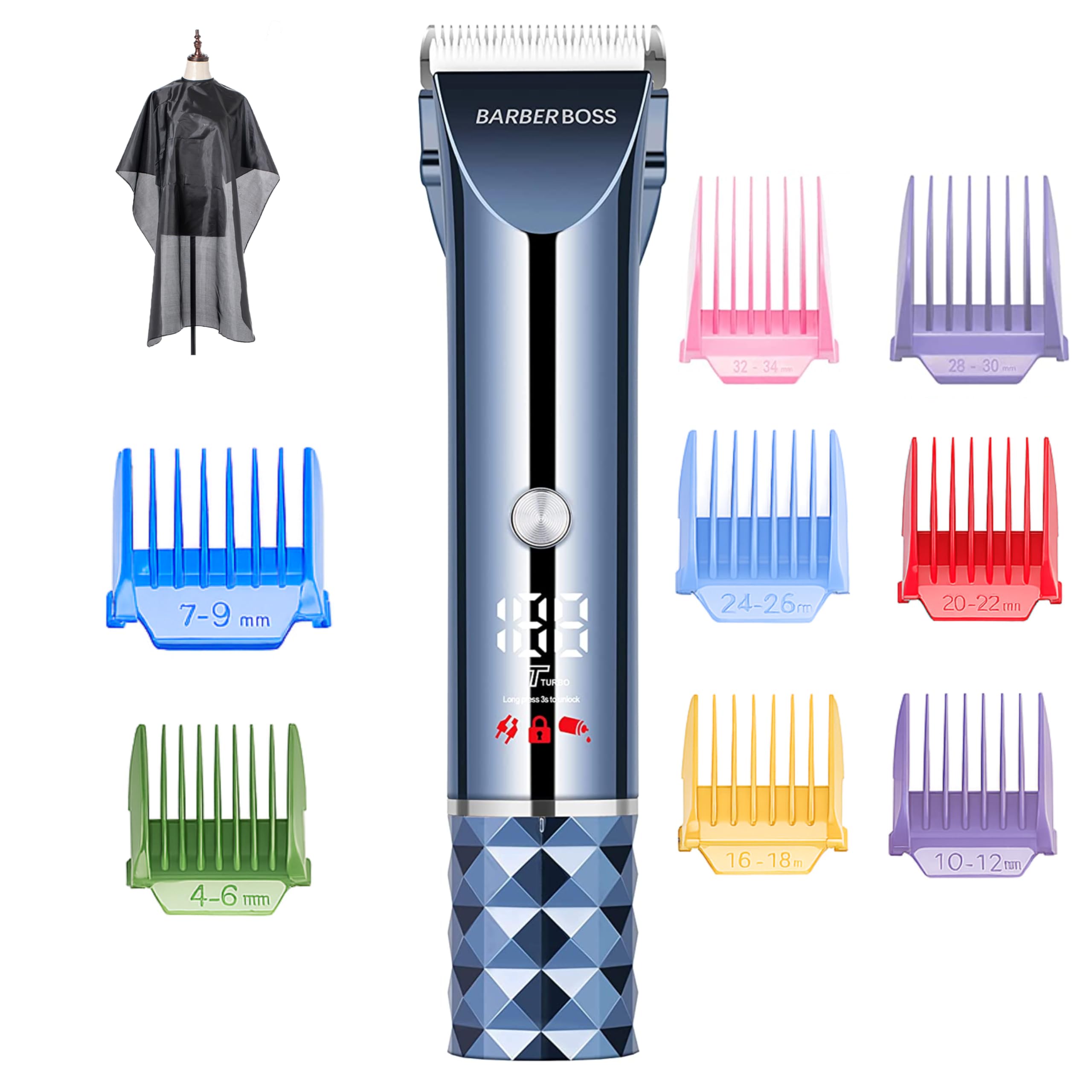 Barberboss Turbo Hair & Beard Trimmer For Men, Cordless Rechargeable Body Clipper With Adjustable Blade, Led Screen, 8 Guide Combs, MenâS Grooming