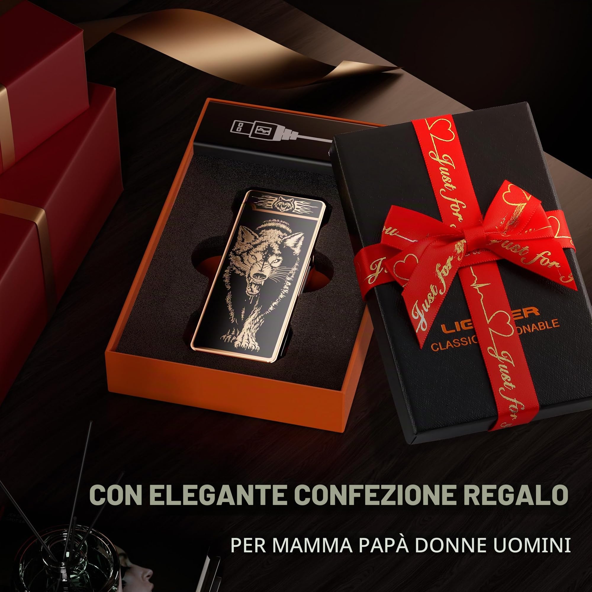 Regalo accendino elettrico, indicatore della batteria, accendino USB al plasma, ricaricabile, antivento e fiamma, doppio arco con indicatore della batteria per candele/barbecue (lupo)