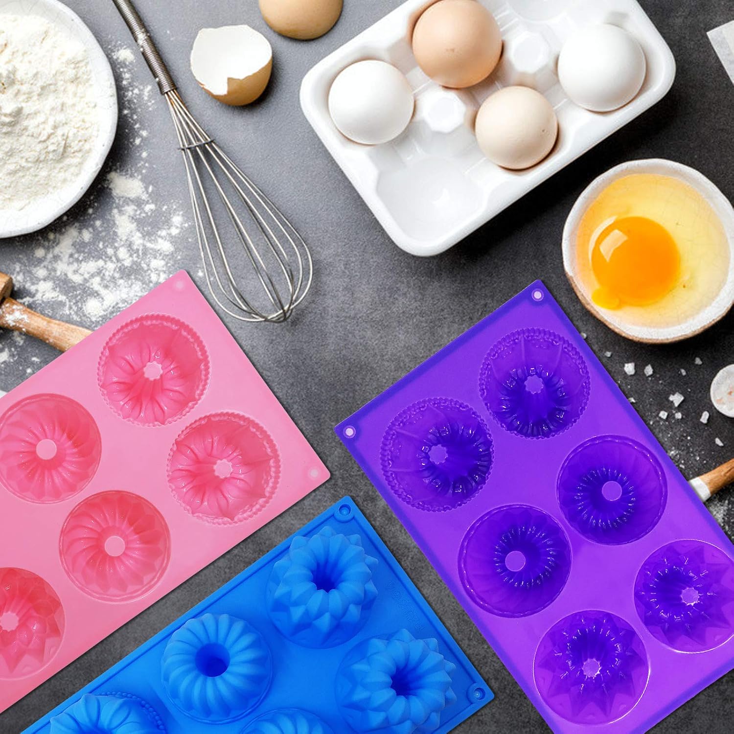 3 PCS Silicone Cake Moulds, FineGood Doughnut Maker Silicone Baking Tray Cupcake Muffin Molds Mini Cake Pan