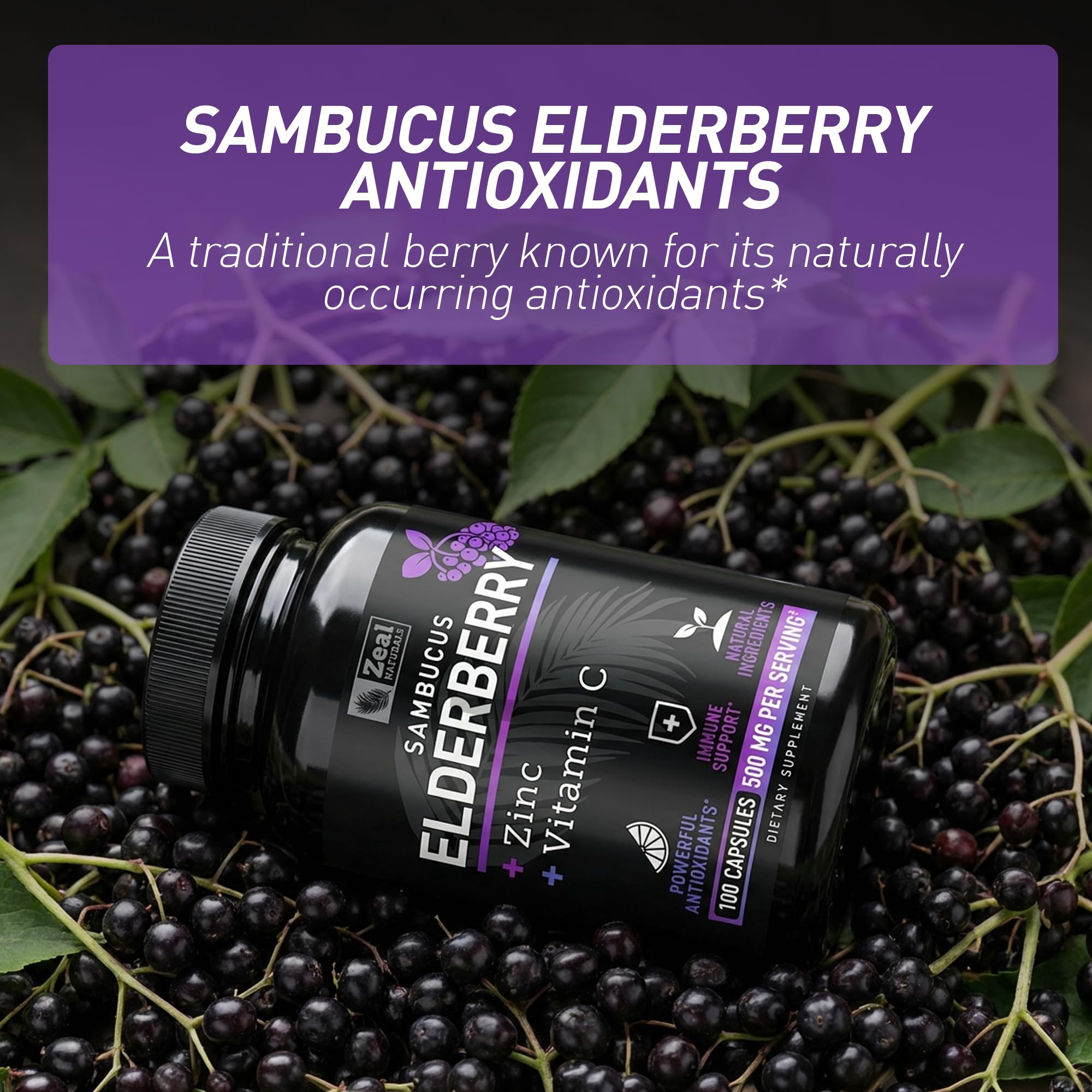 Zeal Naturals Max Strength Elderberry Capsules - 2000mg, 100 Capsules | Sambucus Black Elderberry, Vitamin C, and Zinc | 3-in-1 Immune Support Supplement for Adults — Amazon image 4