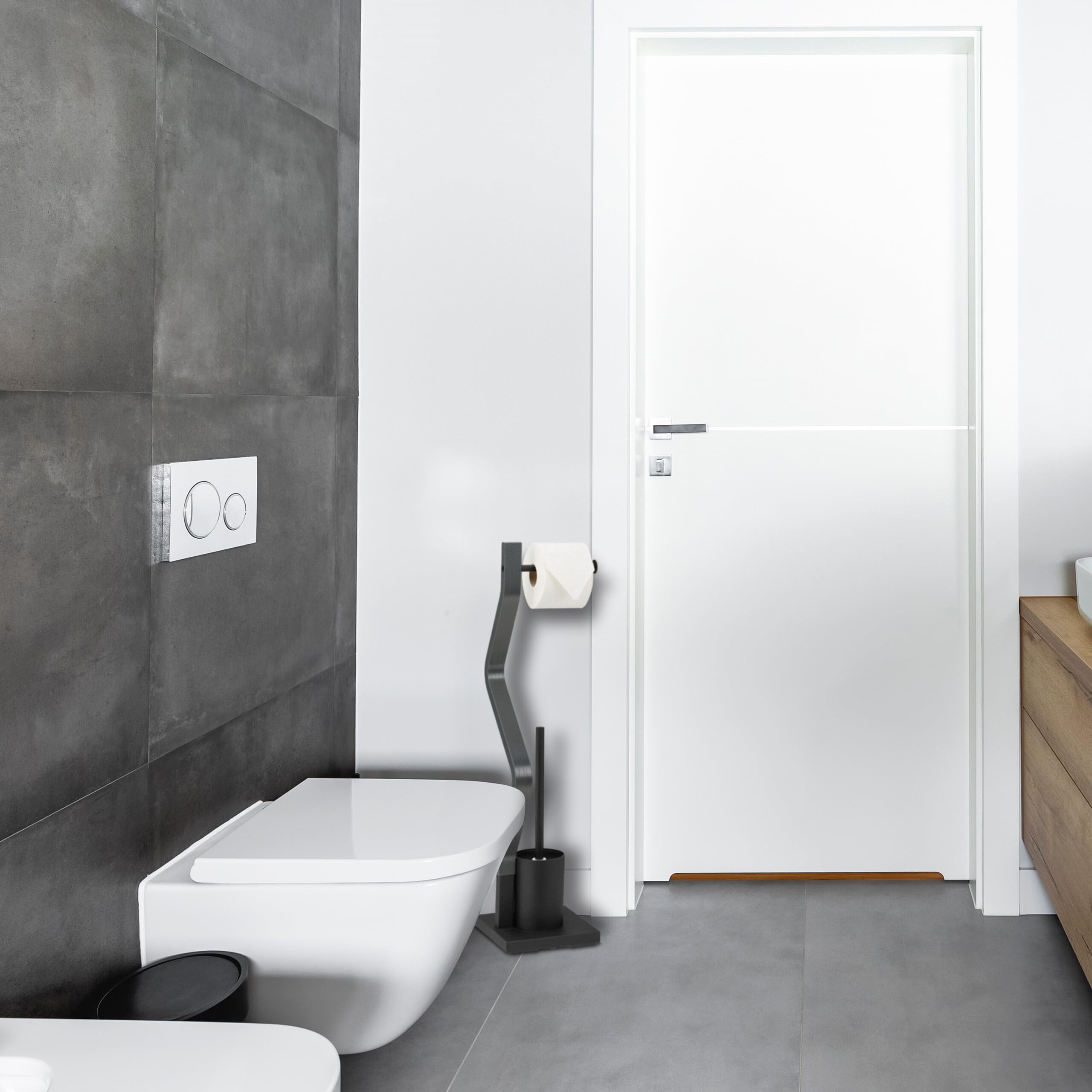 Relaxdays Piantana Portarotolo e Scopino, Colonnina Autoportante WC, Portascopino Bagno, HLP 75x18,5x18,5 cm Nero Grigio