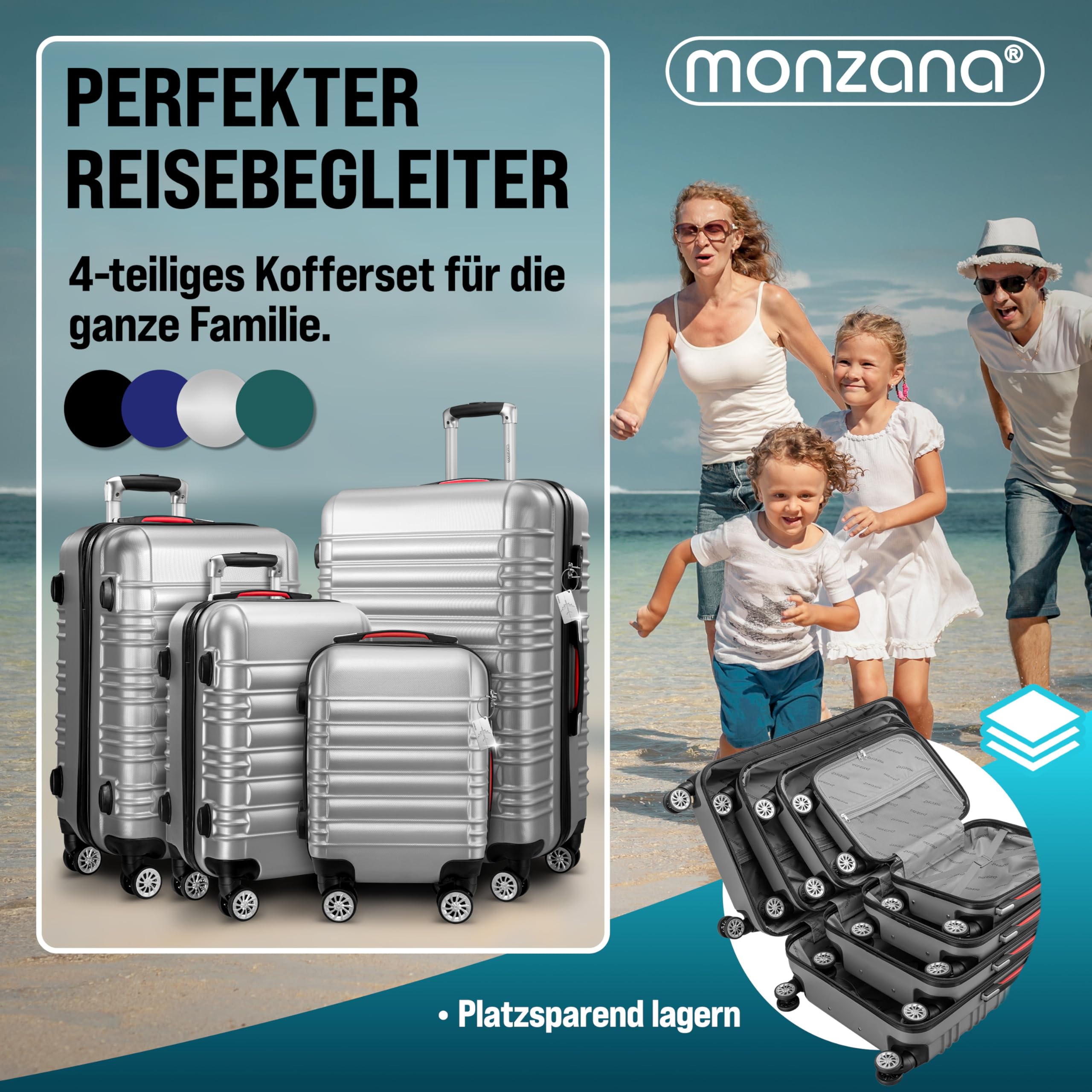 Monzana® 4tlg Kofferset Schloss Organizer Kofferwaage Gurt Gel-Griffe Zwillingsrollen Standfüße Trolley Reisekoffer Hartschale Koffer S-M-L-XL Silber