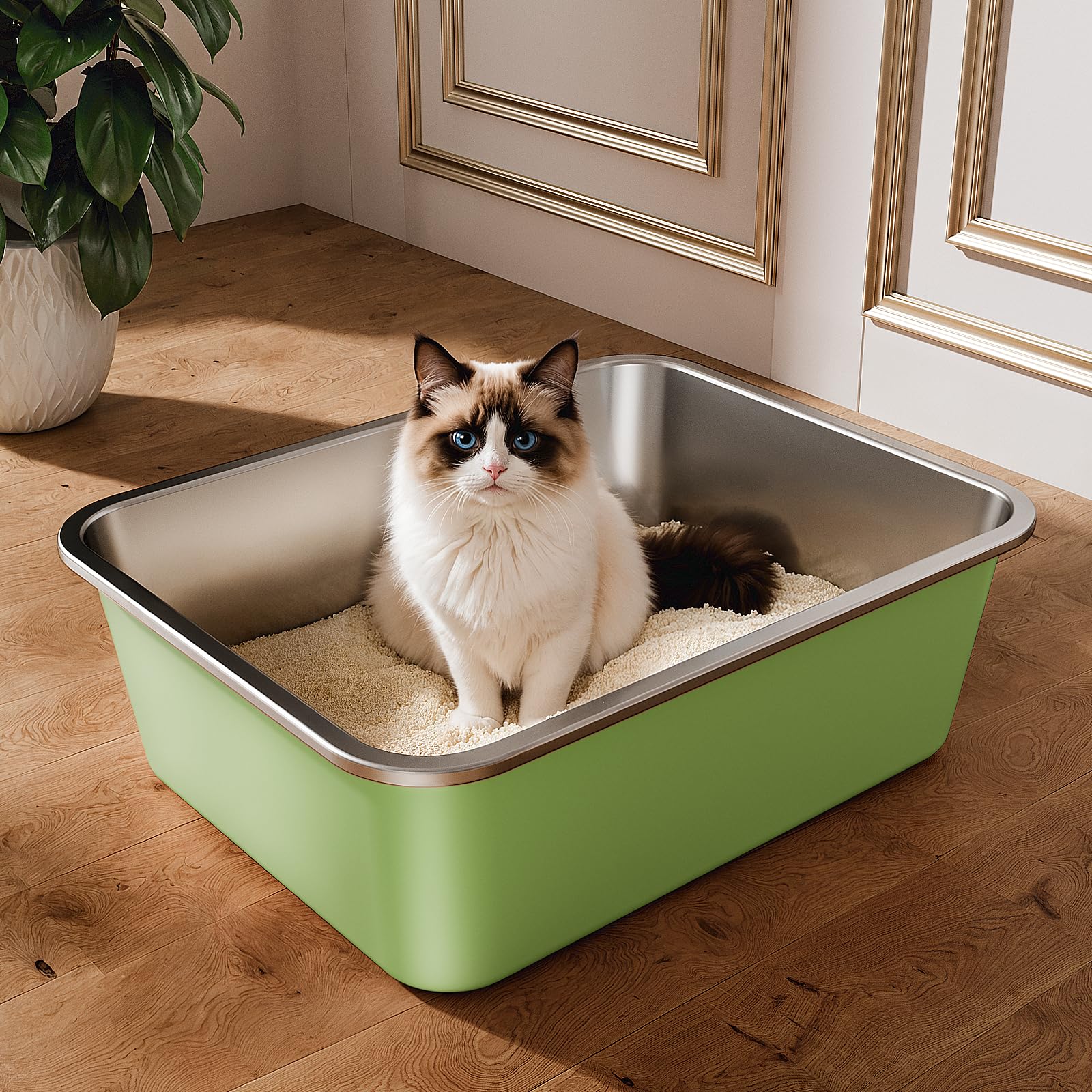 Kattenbak van Roestvrij Staal, Open Kattenbak met Hoge Rand, Metalen Kattenbakken voor Kleine Katten en Konijnen, met Antiaanbaklaag, Geurvrij en Gemakkelijk Schoon te Maken, 45x35x10cm
