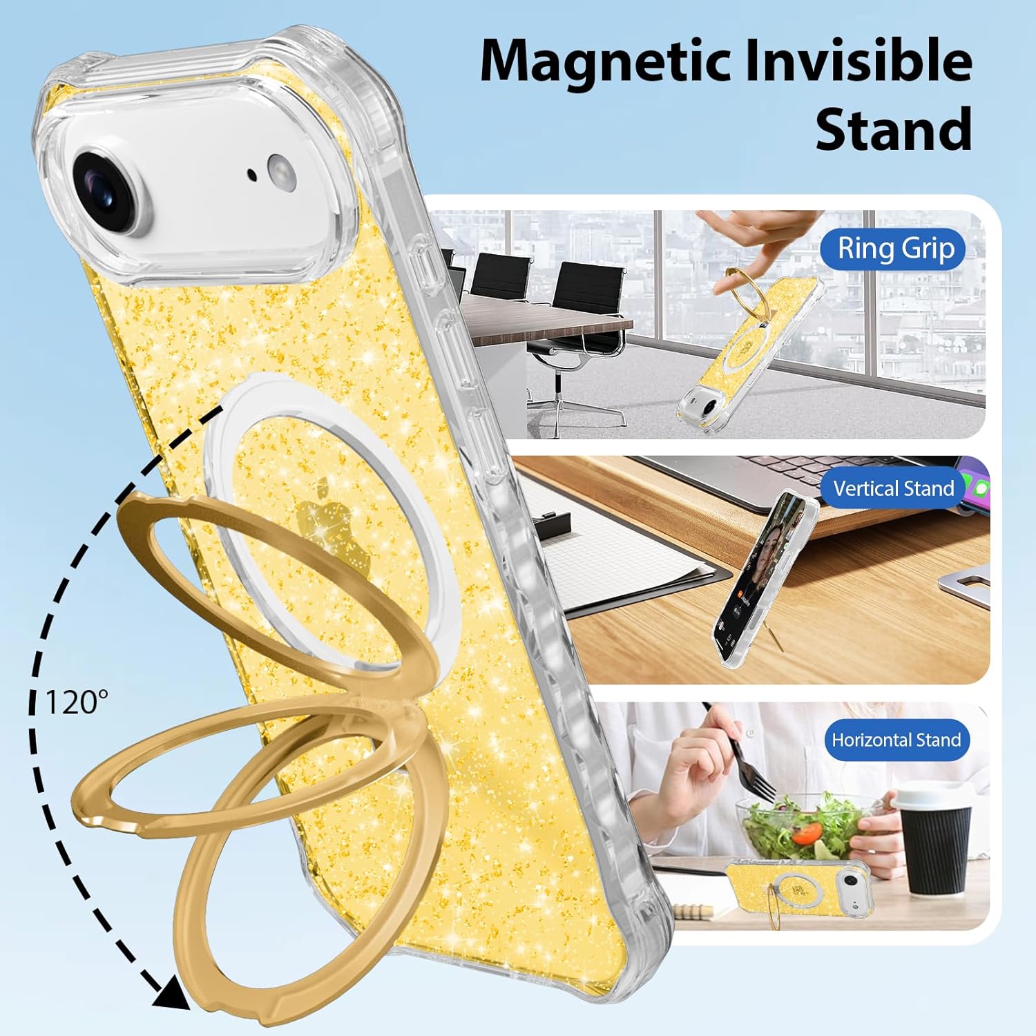 Magnetic for iPhone Air Case with Invisible Stand, Compatible with MagSafe, Clear Bling Sparkle Shockproof Slim Anti-Slip Military Drop Protection Hard Phone Case 6.5" Glitter Gold
