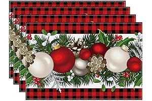 SET OF 4 FARMHOUSE XMAS BUFFALO CHECK LINEN PLACEMATS FOR RED AND BLACK DÉCOR