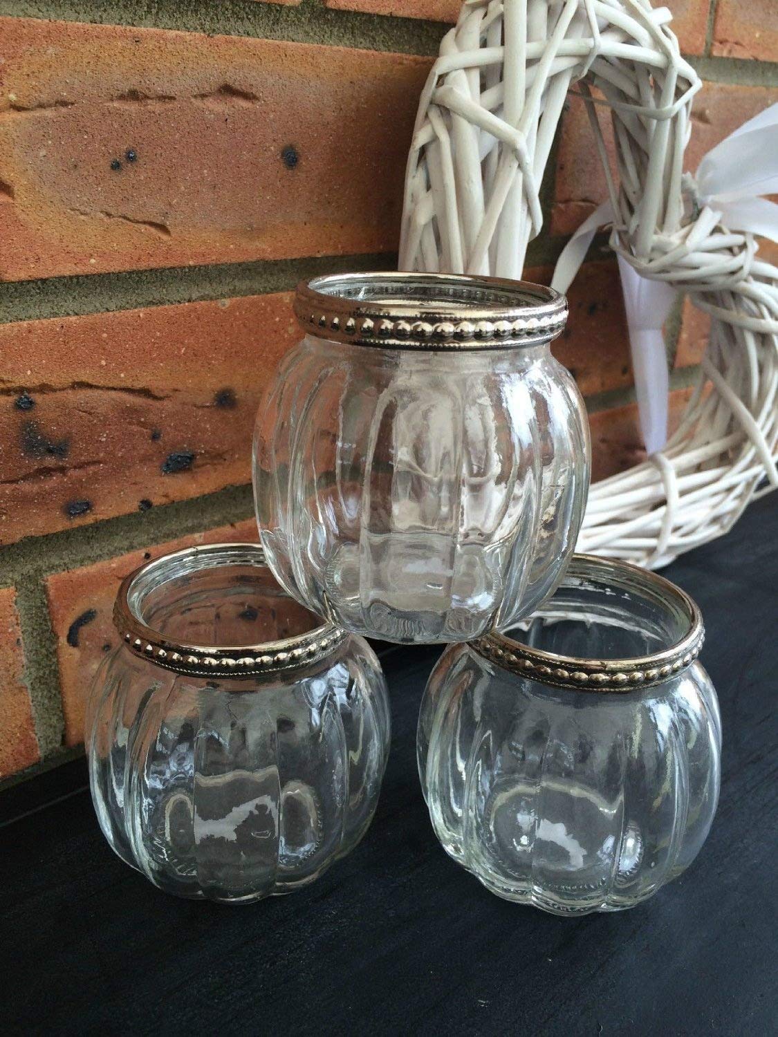 Homes on Trend Glass Tea Light Votive Candle Holders Wedding Table Venue Decorations Centrepiece Settings Vintage Silver Metal Clear Tealight Holder Set of 3