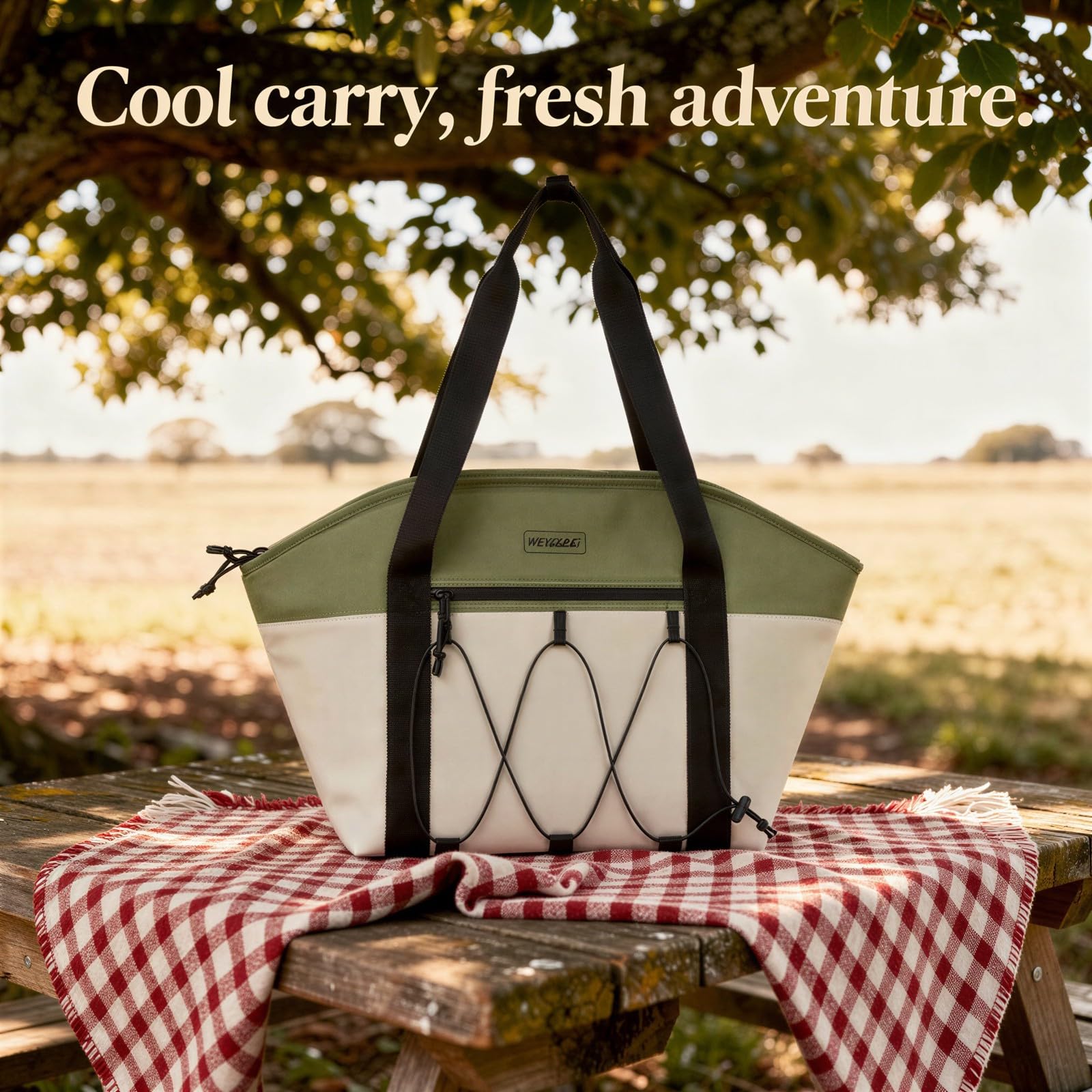 Sac isotherme vert et beige, grande capacité 28 L en toile Oxford, sac réfrigérant avec larges sangles, poignée renforcée, pour pique-nique, camping, plage, voyage, conservation des aliments