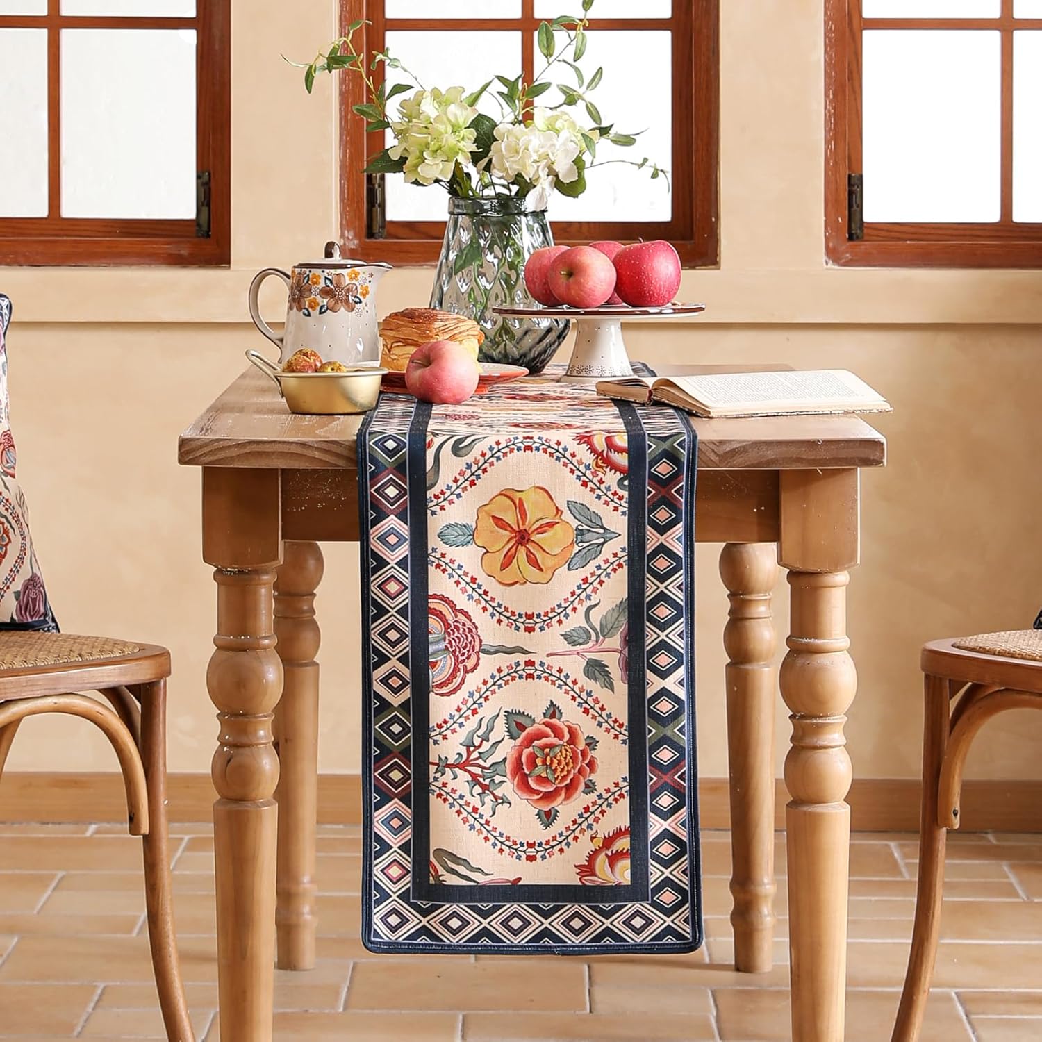 Rectangular Flower Table Runner 71 Inches Long,Farmhouse Linen Floral Table Runners with Navy Blue Border,Table Decoration for Coffee & Dining Table Home Party Kitchen.12 x71-Lanae