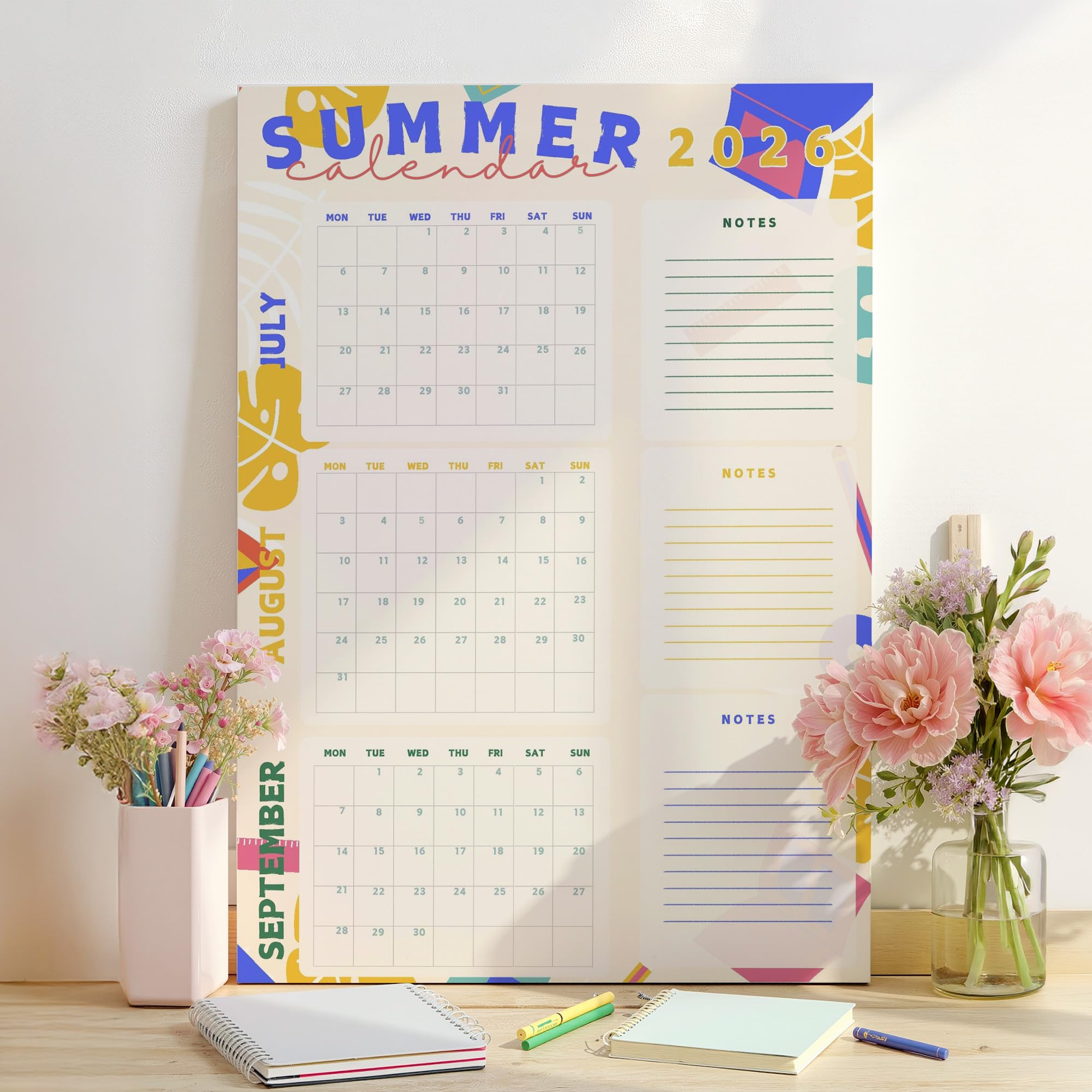 Summer Activity Family Planner 2026, 3 Months Summer Calendar, Large Family Organiser with Notes Sections, A2 Size, Rigid Foamboard