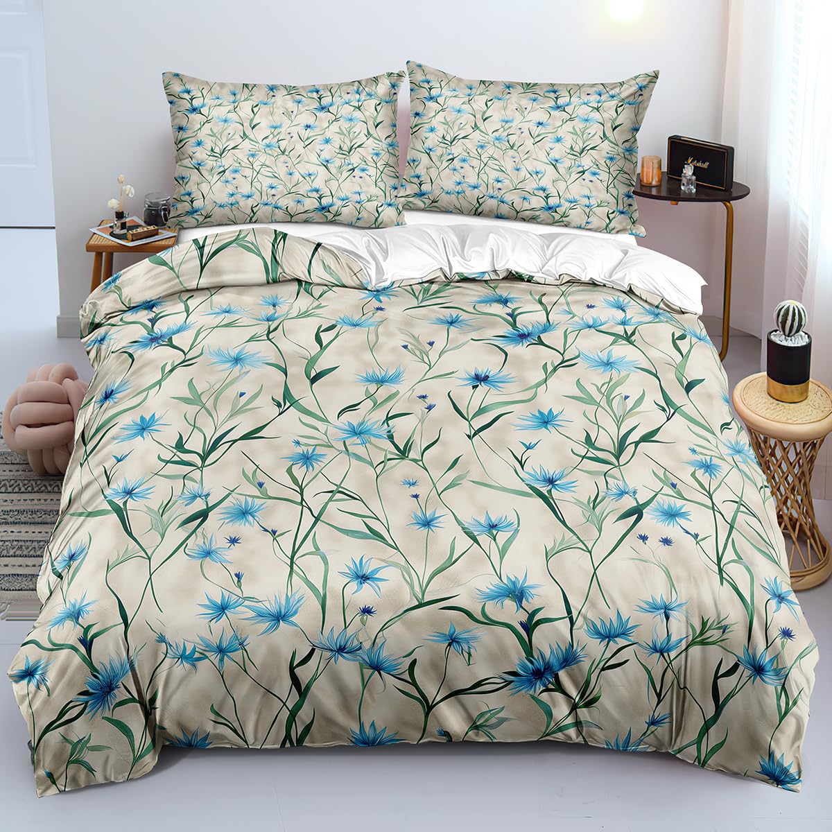 Housse de couette 200x200 fleurs bleues chic | Parure de lit jardin 3 pièces