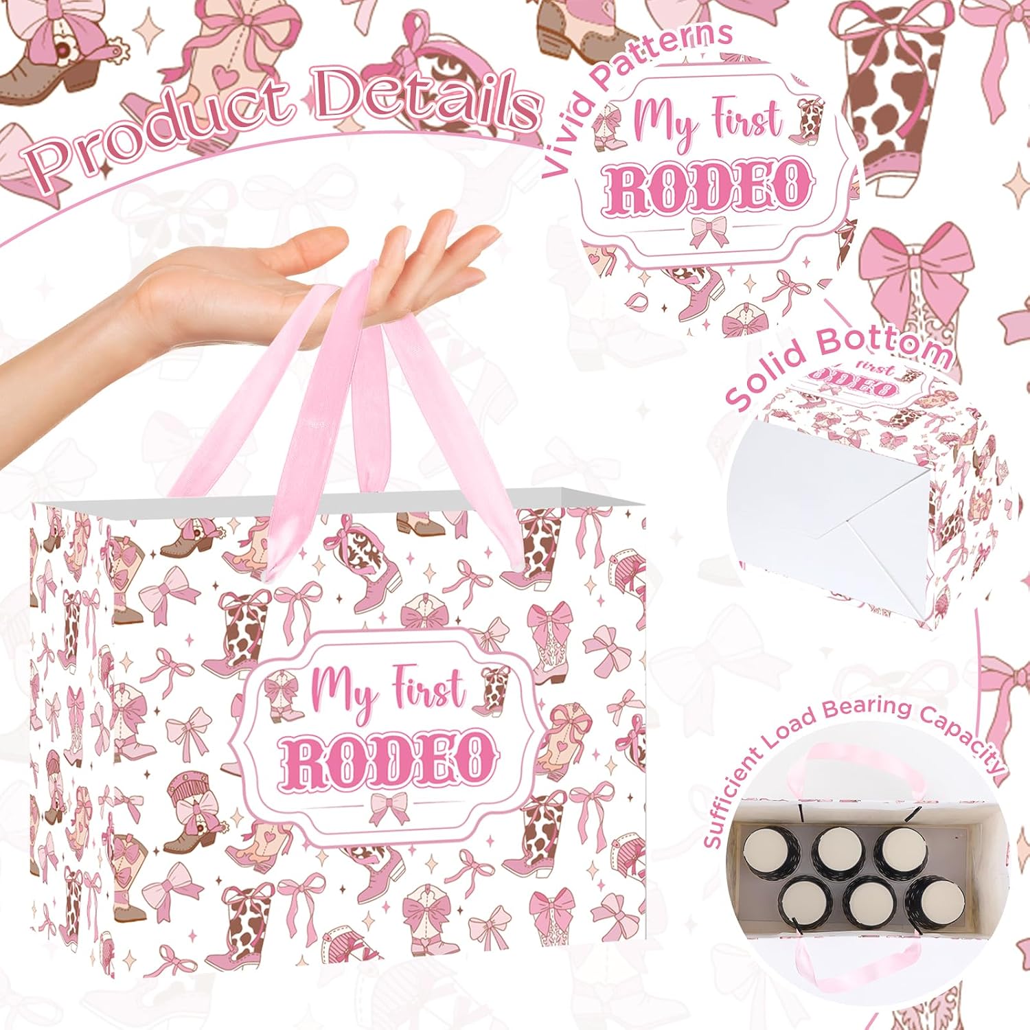 TagreSpike Cowgirl 1st Birthday Gift Bag, My First Rodeo Wrapping Bag with Tissue Paper and Card Coquette Bow Boots Treat Bags for Baby Girls Western Theme First Birthday Party Supplies