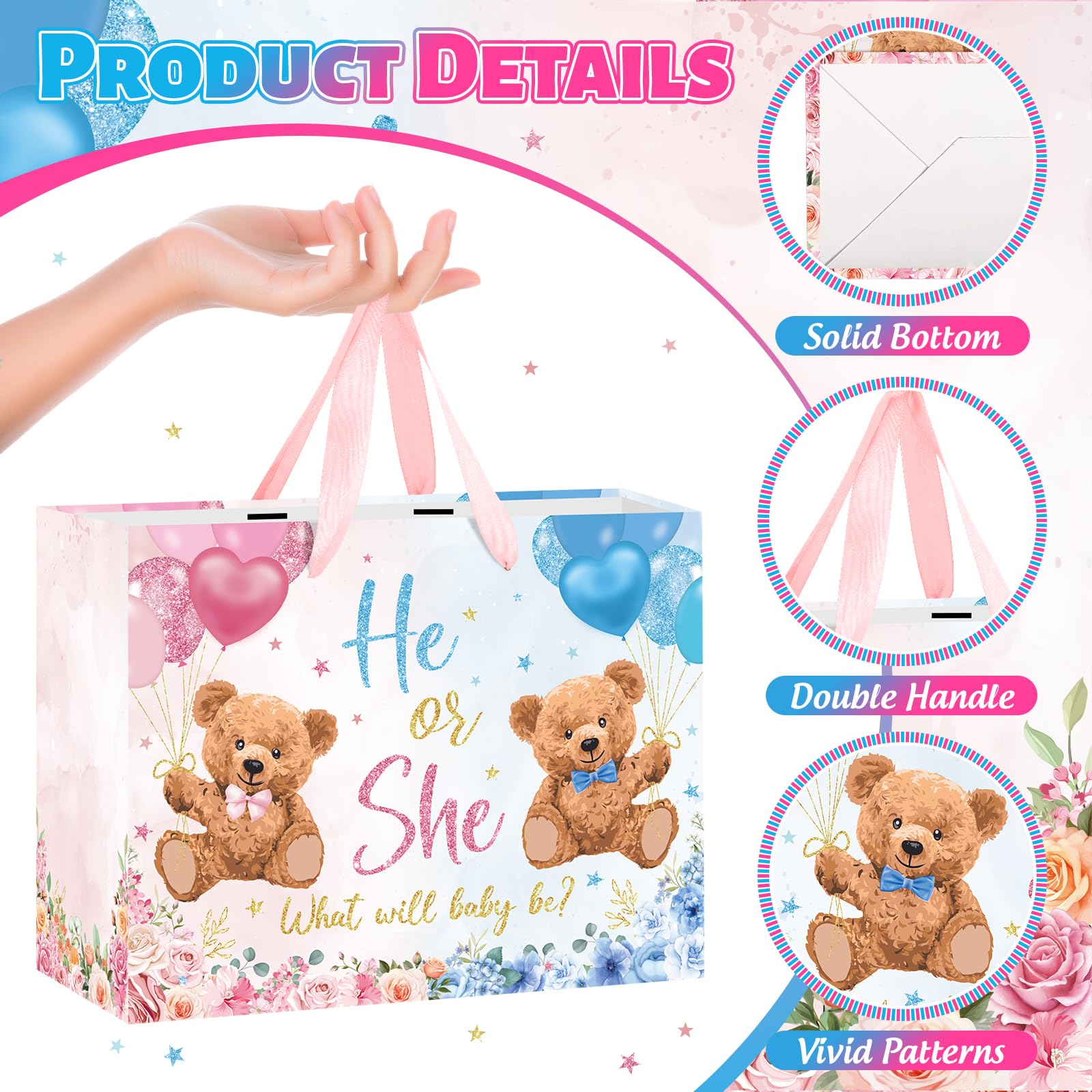Große Papiertüte mit Seidenpapier und Grußkarte, Bär, Babyparty, Geschenkpapiertüte, Rosa und Blau, He or She Gender Reveal Treat Candy Bags für Babyparty, Partyzubehör, Dekorationen