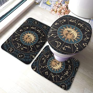 Bath Mat, Toilet Mat, 3 Piece Set, Tank Cover, Zodiac Signs, Moon, Sun, Mysterious, Bath Mat, Foot Wipe Mat, Toilet Cover, Microfiber Bathroom, Large, Stylish, Absorbent, Anti-Slip,