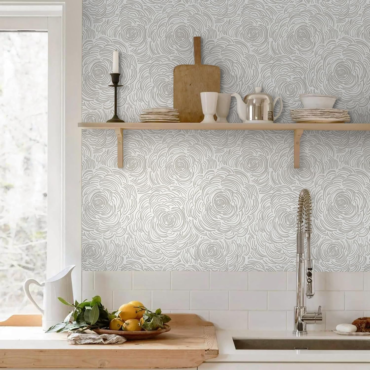 EeeComing Grey Peel and Stick Wallpaper Grey and White Floral Contact Paper Modern Peel and Stick Flower Wallpaper Self Adhesive Wall Paper Removable for Bedroom Cabinets Vinyl 17.3" X 78.7"