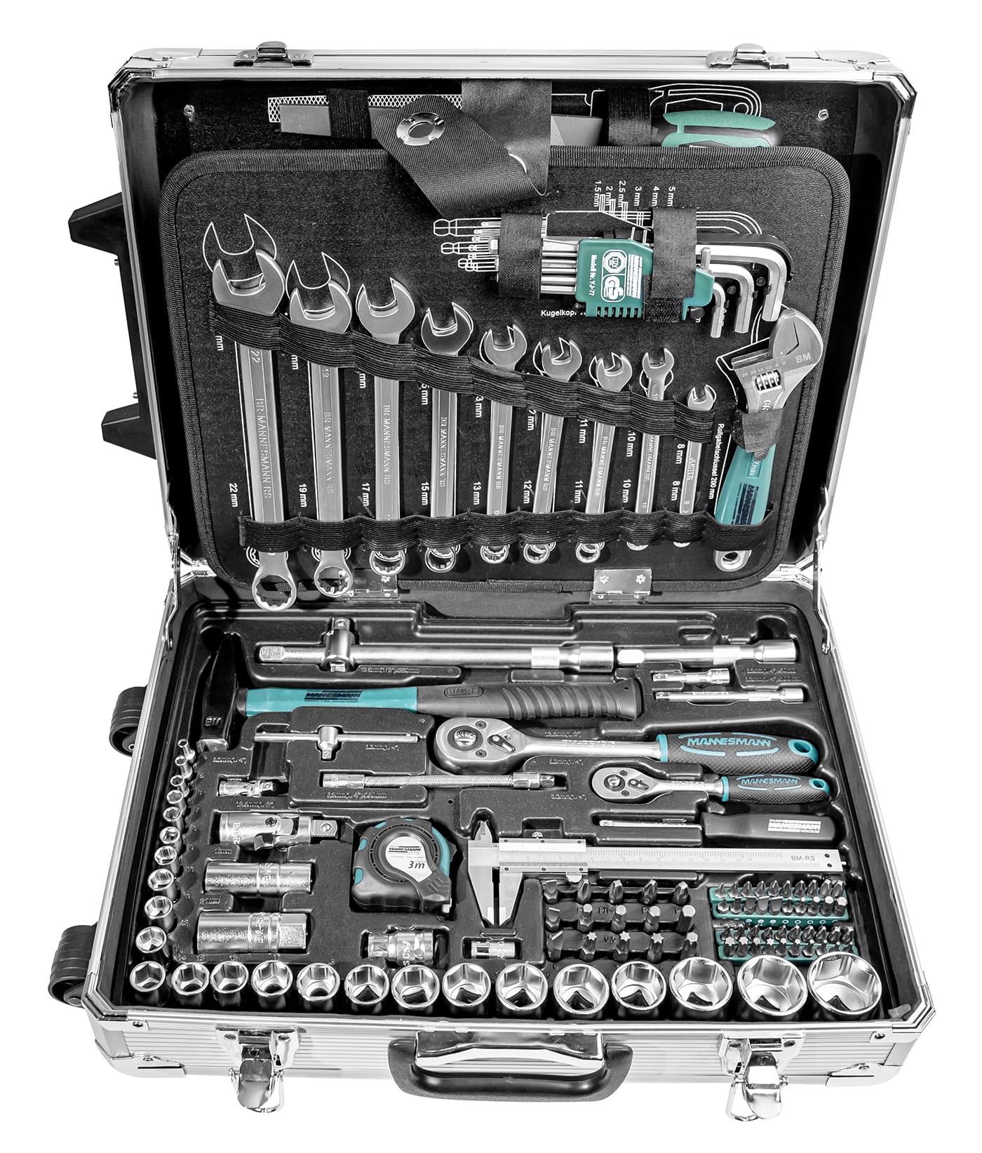 Brüder Mannesmann Werkzeugtrolley, 159-teilig - Werkzeugset mit Werkzeug aus Chrom-Vanadium-Stahl - inkl. Schraubendreher, Zangen, Ratschen, Messschieber, Maßband, Stecknüsse & Bits | M29077