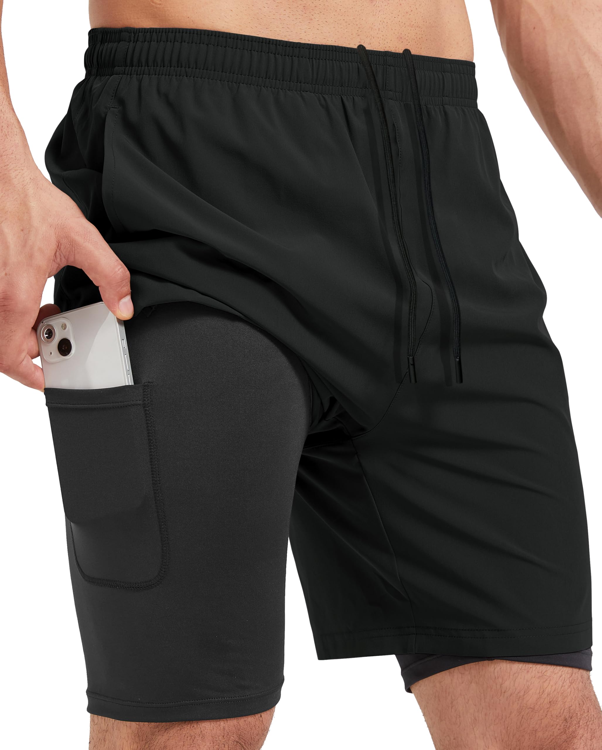 Mens 2-in-1 Athletic Running Shorts 7 Dry Fit Workout Gym Outdoor Sports Wear with Multiple Pockets Training Short