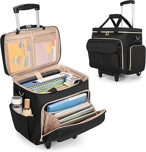 LUXJA Bolsa con ruedas para profesores con compartimento para portátil y carrito desmontable, maletín multifuncional con ruedas con área de archivo