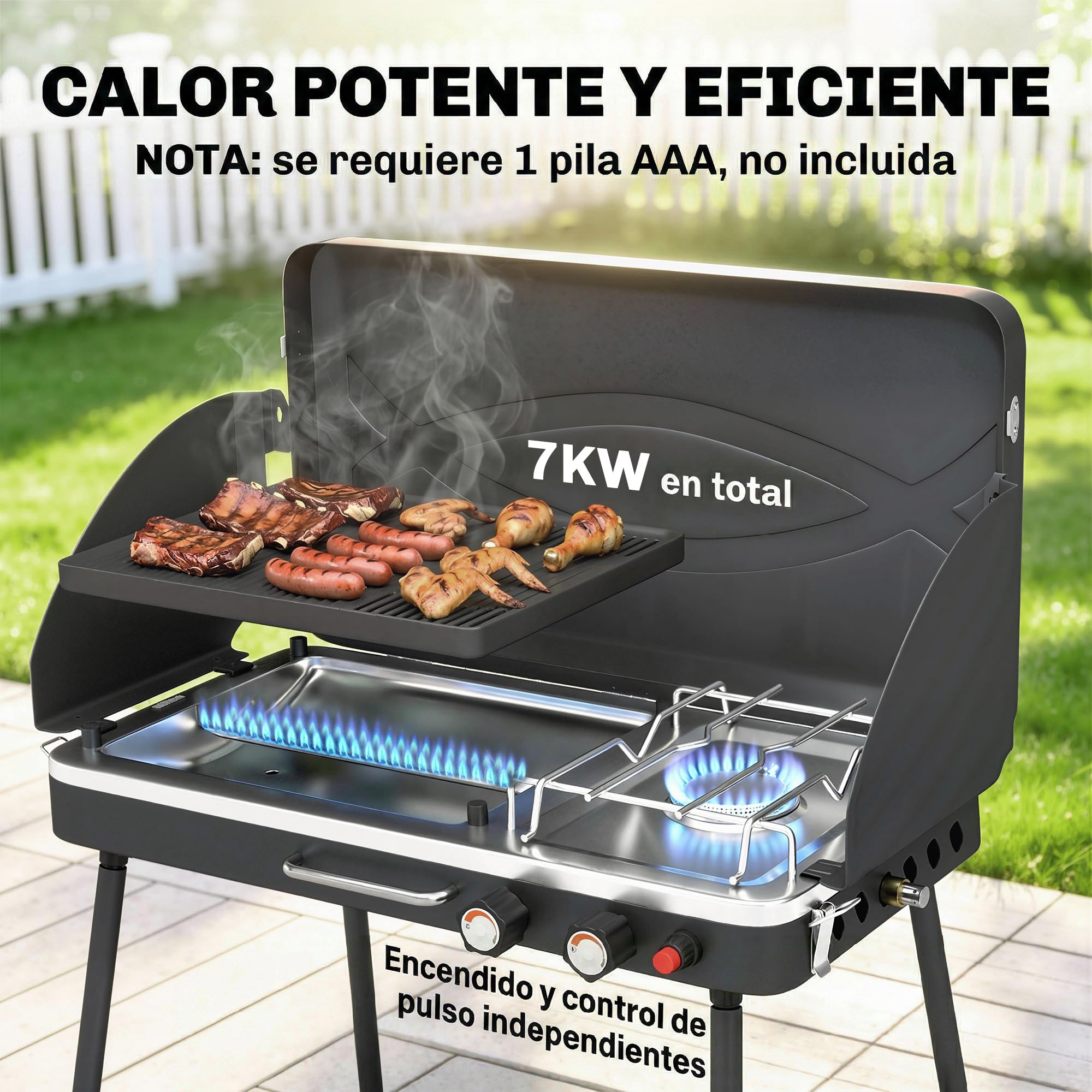 Outsunny Barbacoa de Gas Portátil 2 en 1 7 kW con Plancha Grande Negro | Barbacoa de Gas Propano, de Mesa o de Pie, Patas Desmontables, Protectores de Viento, para Picnic, Camping