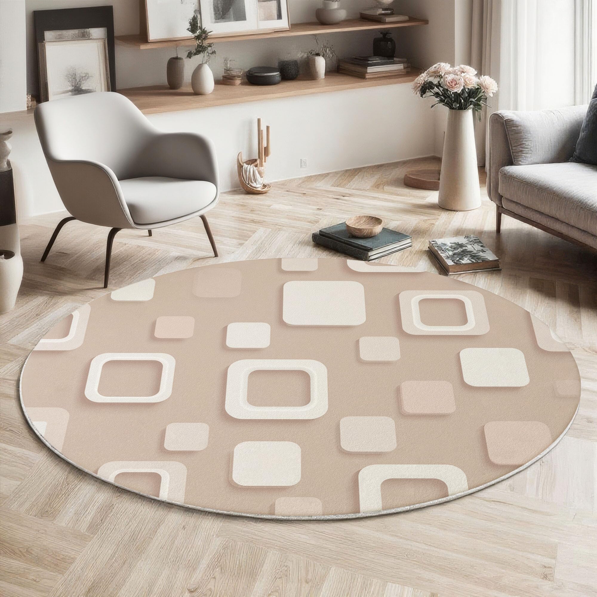 Tapis rond beige 200cm lavable et antidérapant pour le salon moderne