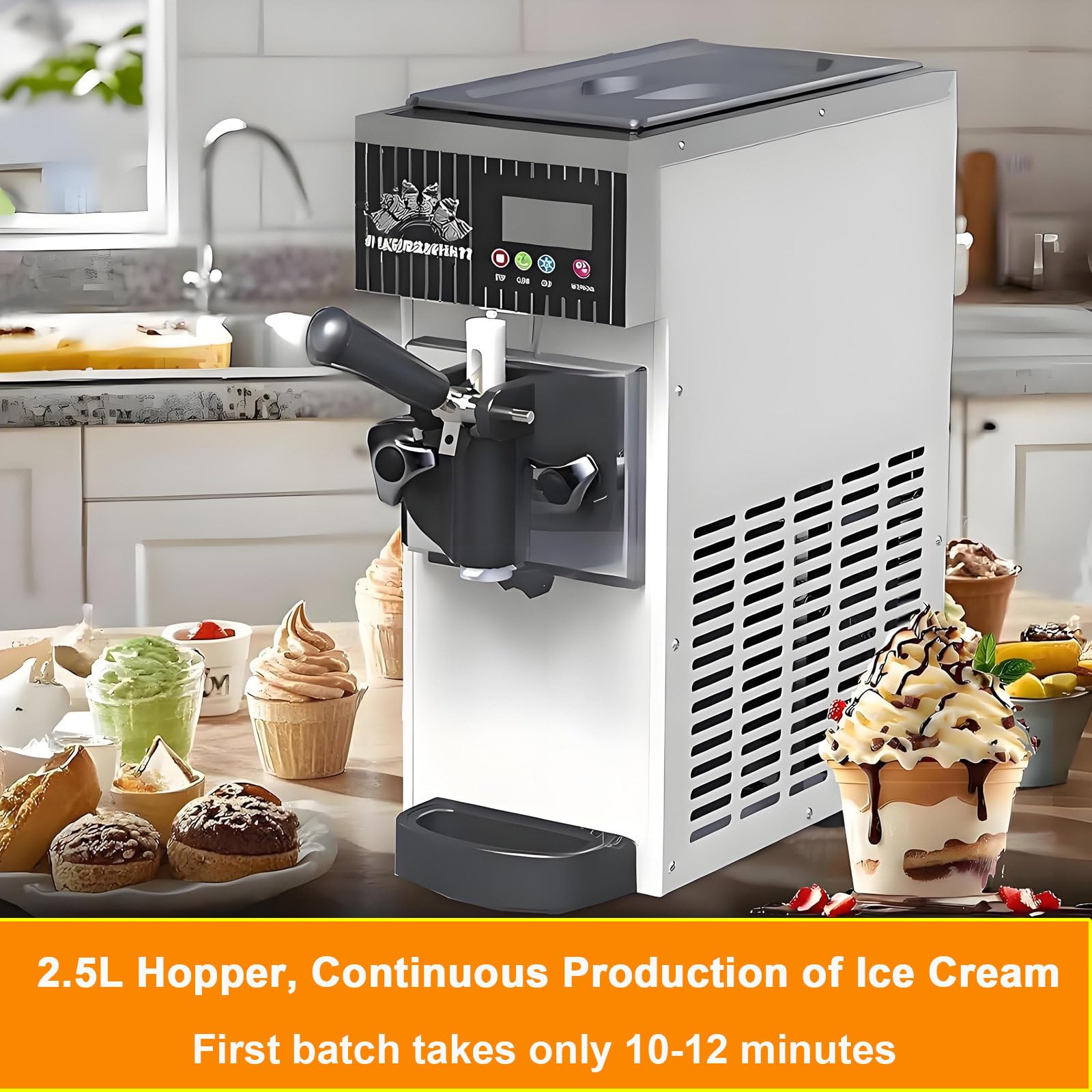 Machine à Glace à l'italienne, avec Panneau de Commande LCD, Haut rendement (4-5 kg/h), 450 W, adaptée à Un Usage Domestique et Commercial. Orange