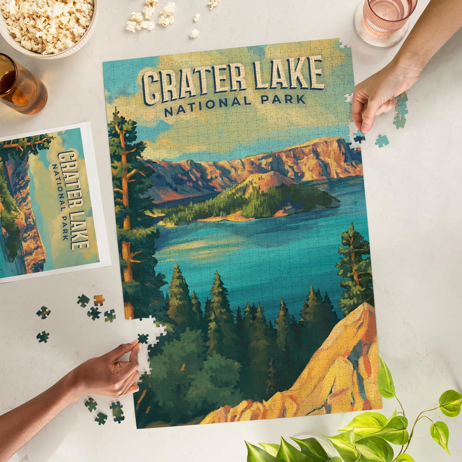 Lantern Press Crater Lake National Park Puzzle 1000 Pieces for Adults, Hand Drawn Art Landscape, Premium Jigsaw Puzzle Made in USA, National Park Puzzle with Poster
