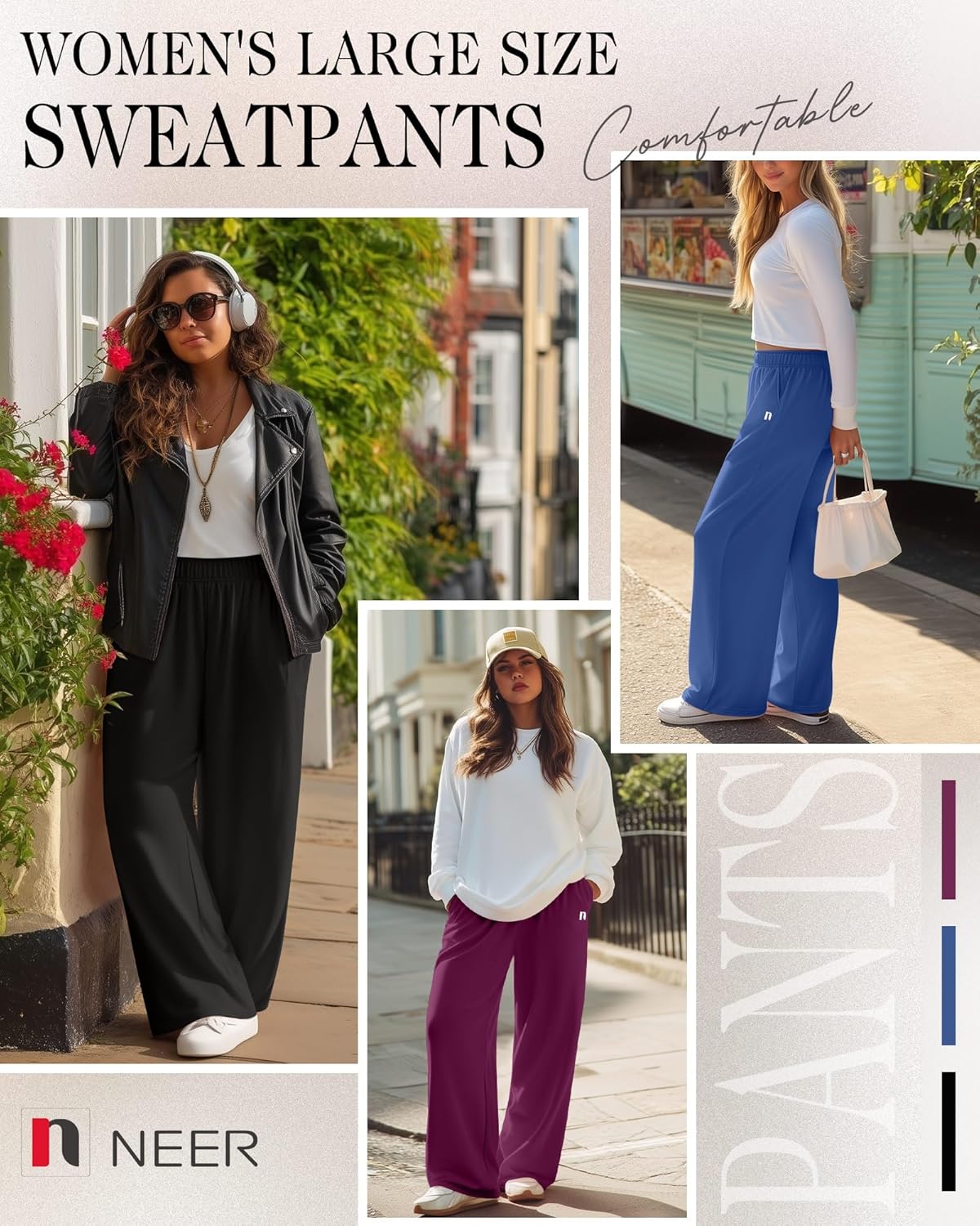 Neer 3 Packs Women's Plus Size Wide Leg Sweatpants High Waist Elastic Waistband Lounge Pants with Pockets - Image 6
