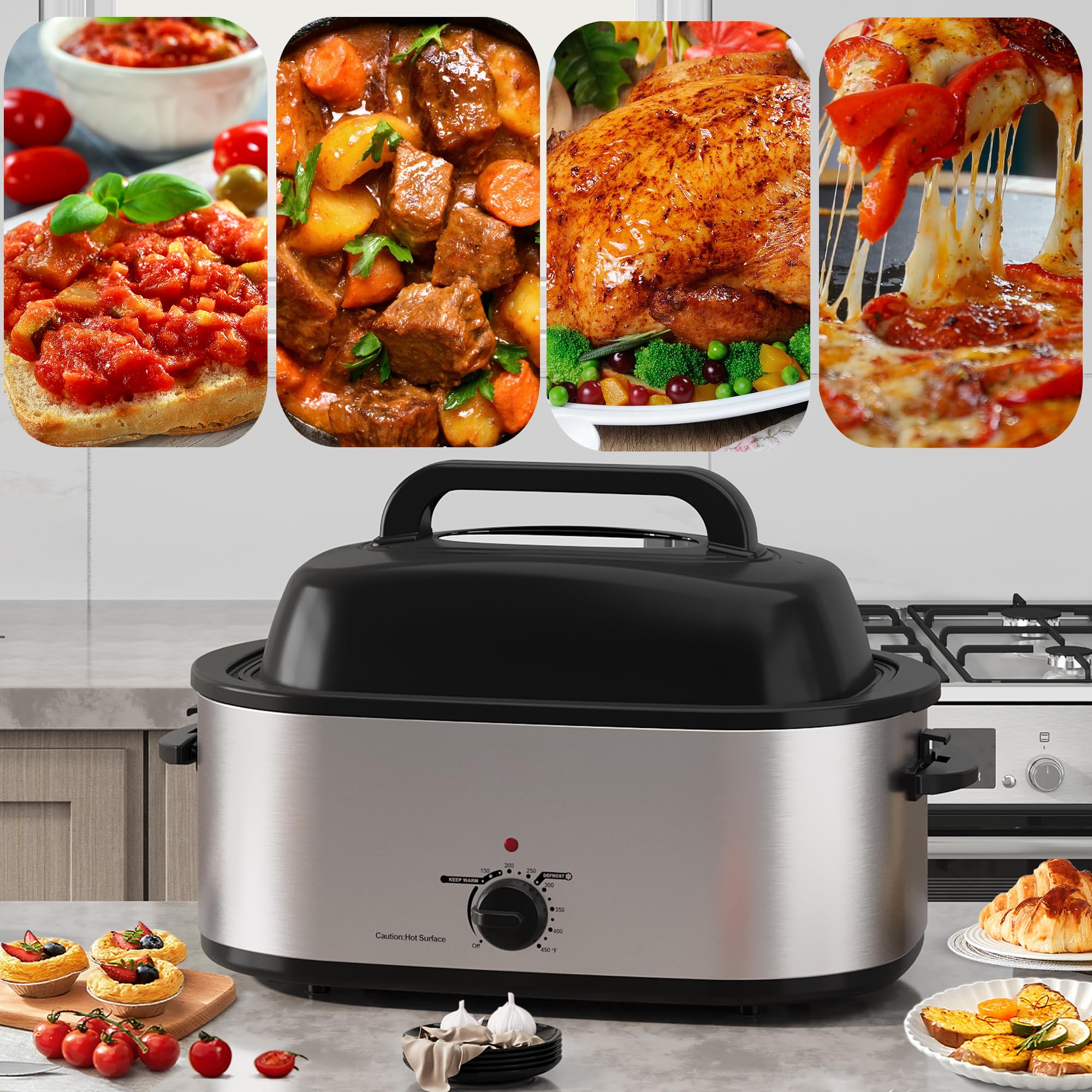 Roaster Oven 28 Quart, Electric Turkey Roaster with Self-Basting Lid, Removable Pan & Rack, Variable Temp Control, Stainless Steel Silver