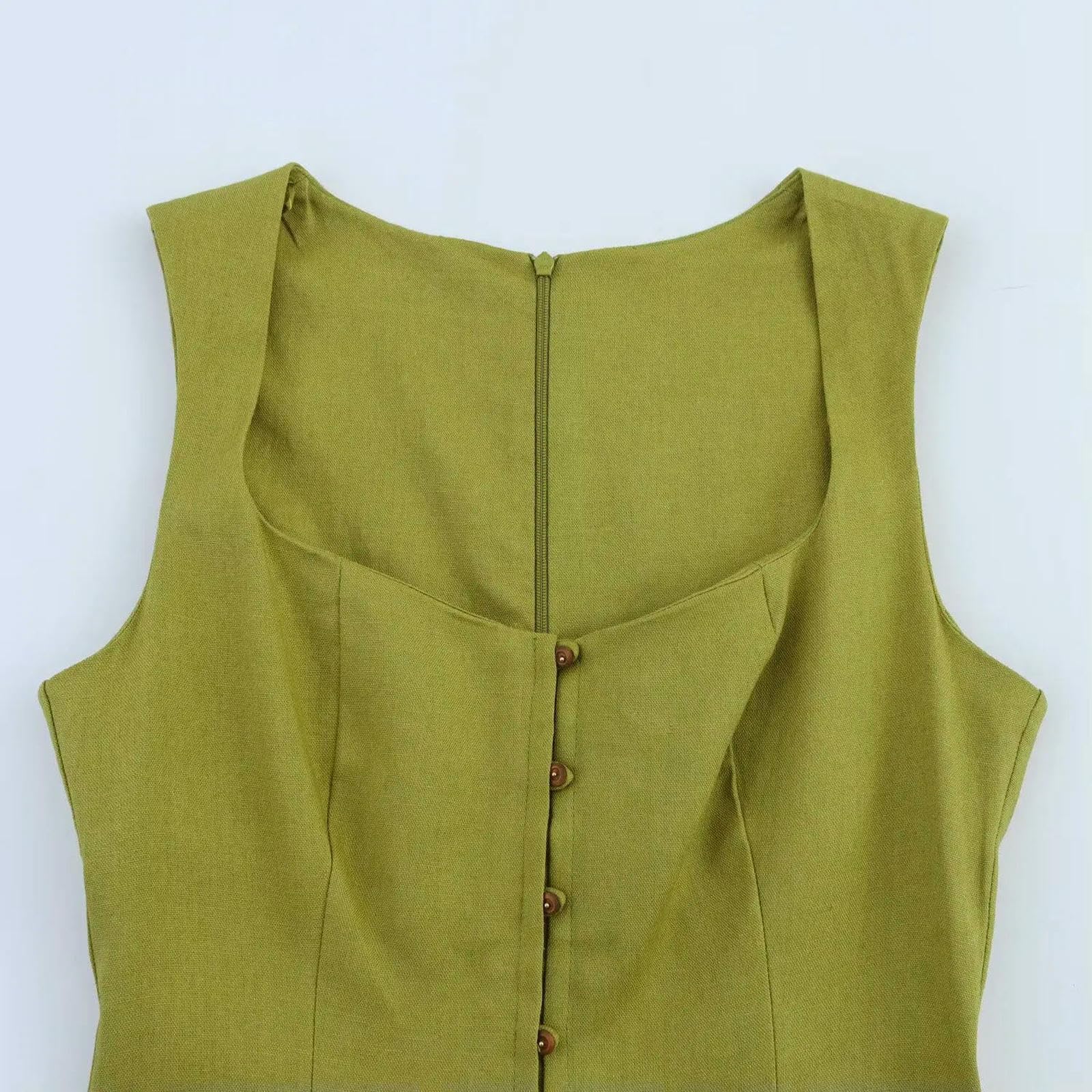 CHENSHI Robe Femme Chic Et Elegant Longue en Ligne A-Line Square NOU sans Manches Larges Sling Maxi Robes D'été De Bouton Trajet D'été-Vert L'armée-s