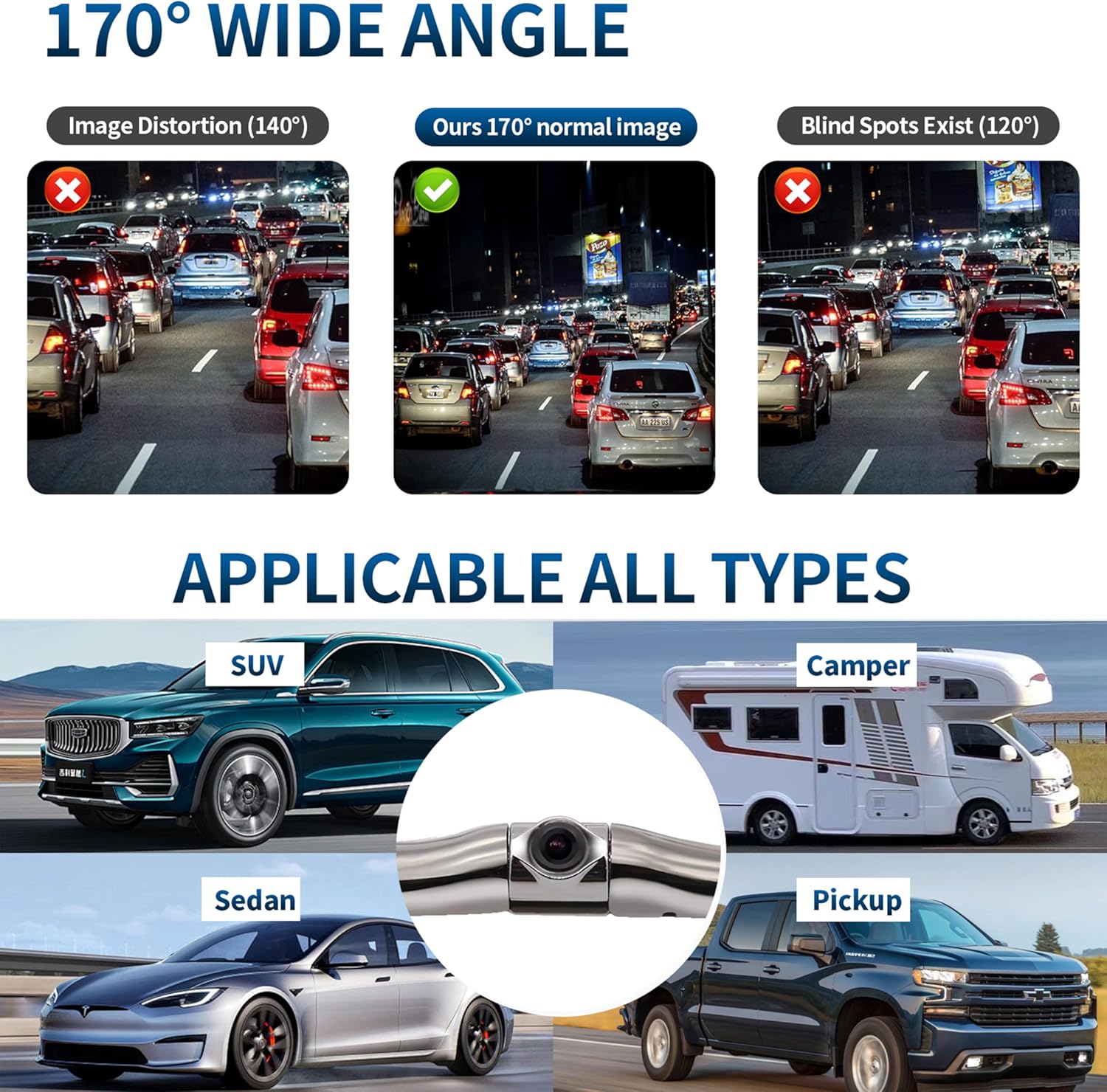 Universal License Plate Frame Backup Camera, 170° Wide Angle HD Rear View Camera with Night Vision, IP67 Waterproof Metal Car Reverse Camera for Cars, SUVs, Trucks, Compatible with CVBS/AHD