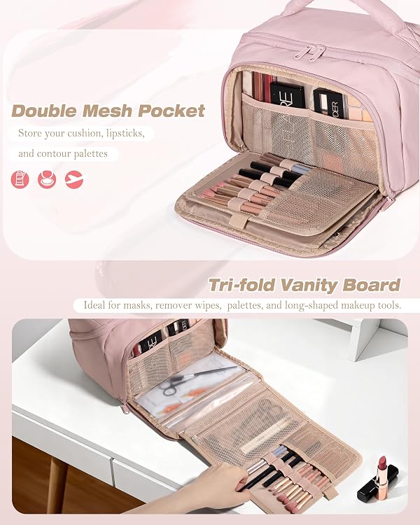 Marscamd Travel Makeup Bag for Women, Toiletry Organizer with Waterproof Pockets, Puffy Cosmetics Pouch for Makeup Brushes, Skincare & Travel Essentials, Pink (Bag only) by Marscamd - Image 2