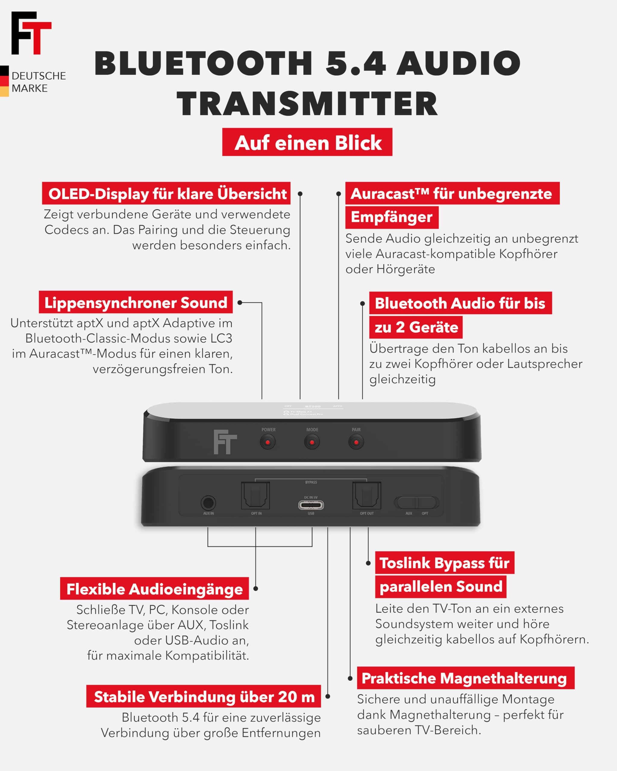 FeinTech BT200 Bluetooth 5.4 Audio Transmitter mit Auracast, aptX, aptX Adaptive, OLED Display, Toslink Passthrough, USB | Unterstützt aptX adaptive, OLED Display, Toslink Passthrough, USB-betrieben, kann mit 2 Kopfhörern gekoppelt werden