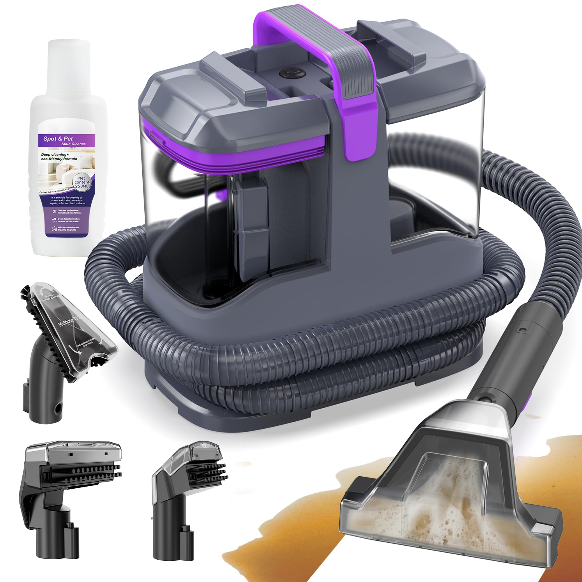 Shampouineuse 450W 13kPa, Nettoyeur Canapé Tissu et Tapis, Aspirateur Laveur pour Canapé, Voiture et Matelas, avec 3 Brosses et Double Réservoir Autonettoyant, Portable Léger 2,6kg