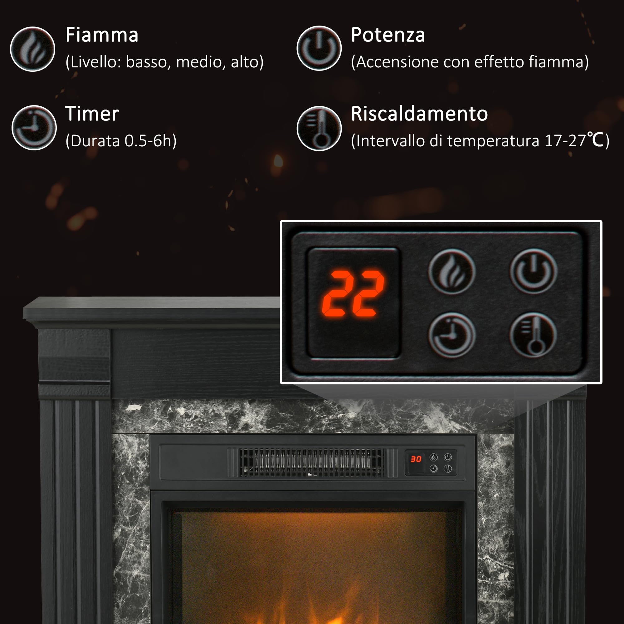 HOMCOM Camino Elettrico con Cornice Effetto Fiamma Realistico 3 Luminosità Regolabile, Stufa Silenzioso Caminetto Elettrico 1800W con Telecomando, Termostato, Timer, Riscaldamento Regolabile, Nero