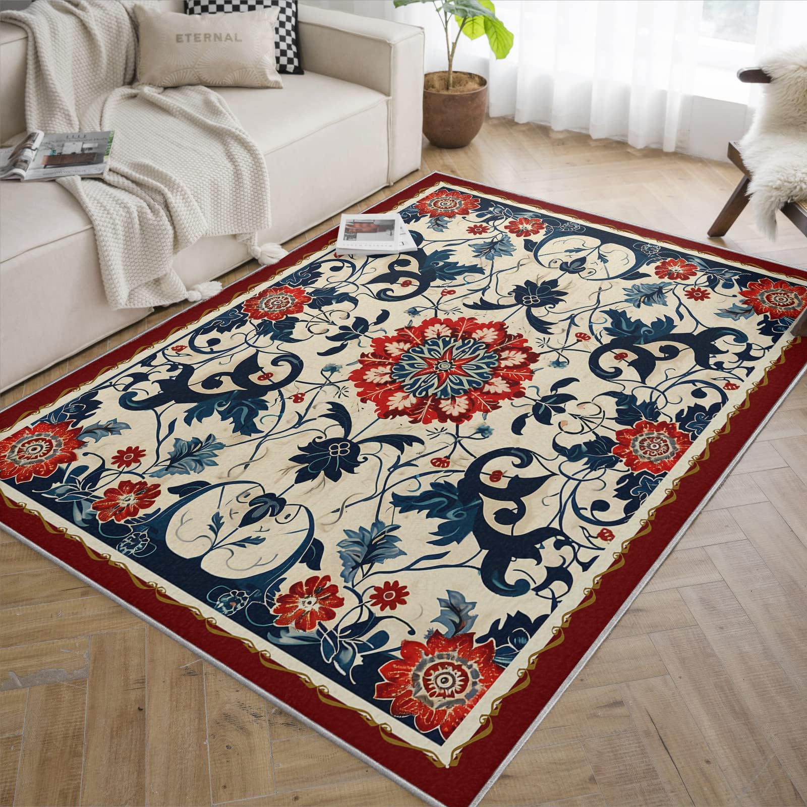 Tapis botanique bohème doux pour salon et cuisine ambiance florale