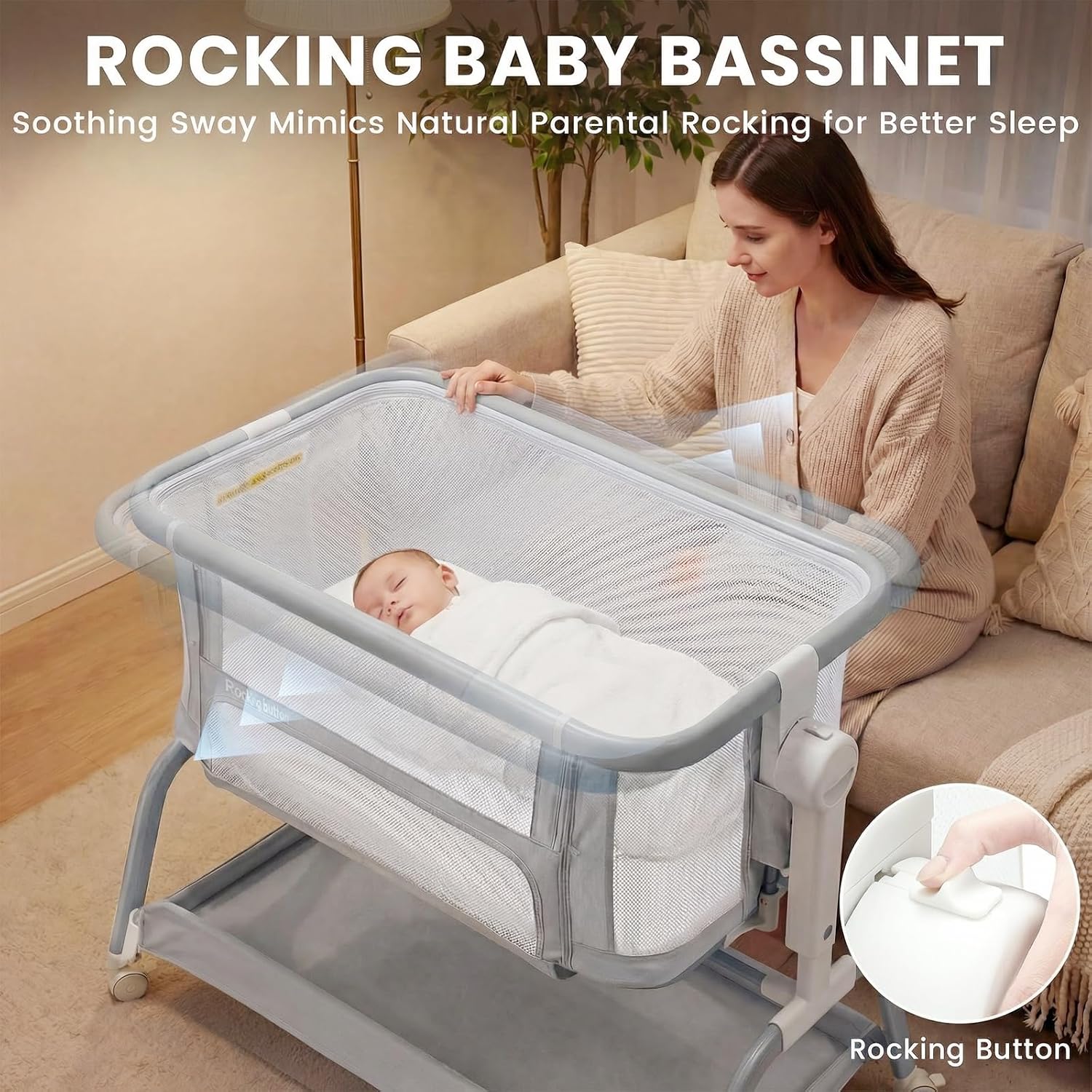 3 in 1 Baby Bassinet,Rocking Bassinets Bedside Sleeper with 6 Adjustable Heights,Breathable Full-Mesh,Comfortable Mattress & Lockable Wheels,Stable Rolling Portable Crib for Newborns(Gray) | Breathable Full Mesh
